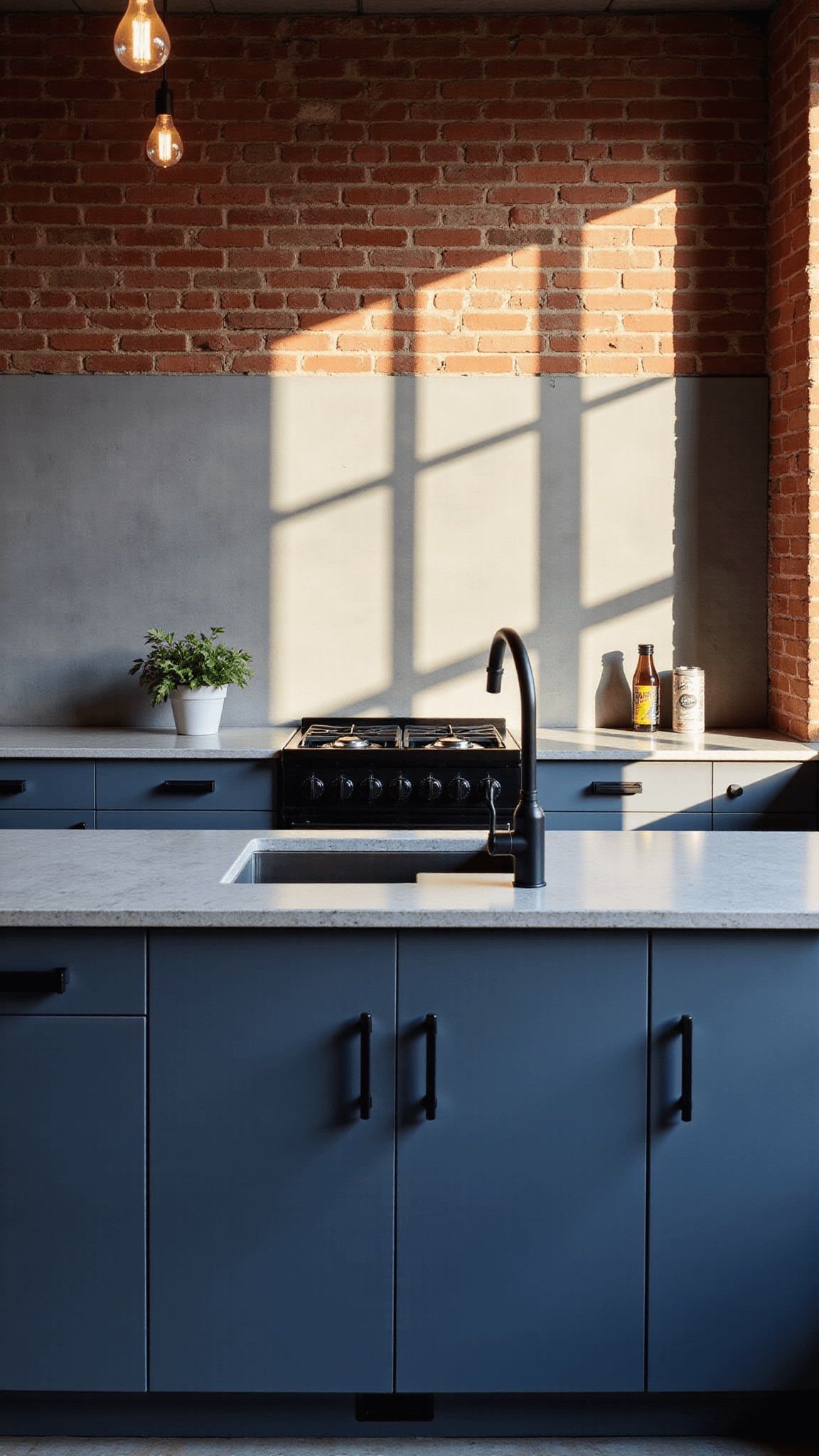 Modern industrial loft kitchen with charcoal blue-grey cabinets, concrete countertops, an exposed brick wall, and an Edison bulb chandelier, bathed in late afternoon sun.