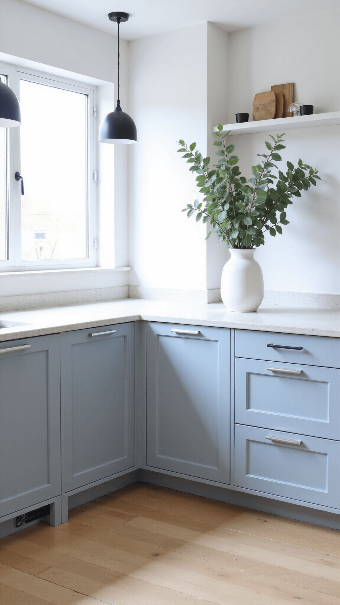Scandinavian-style kitchen with pale blue-grey cabinets, light oak flooring, white stone countertops, black metal pendant lights, and fresh eucalyptus in ceramic vase illuminated by soft morning light