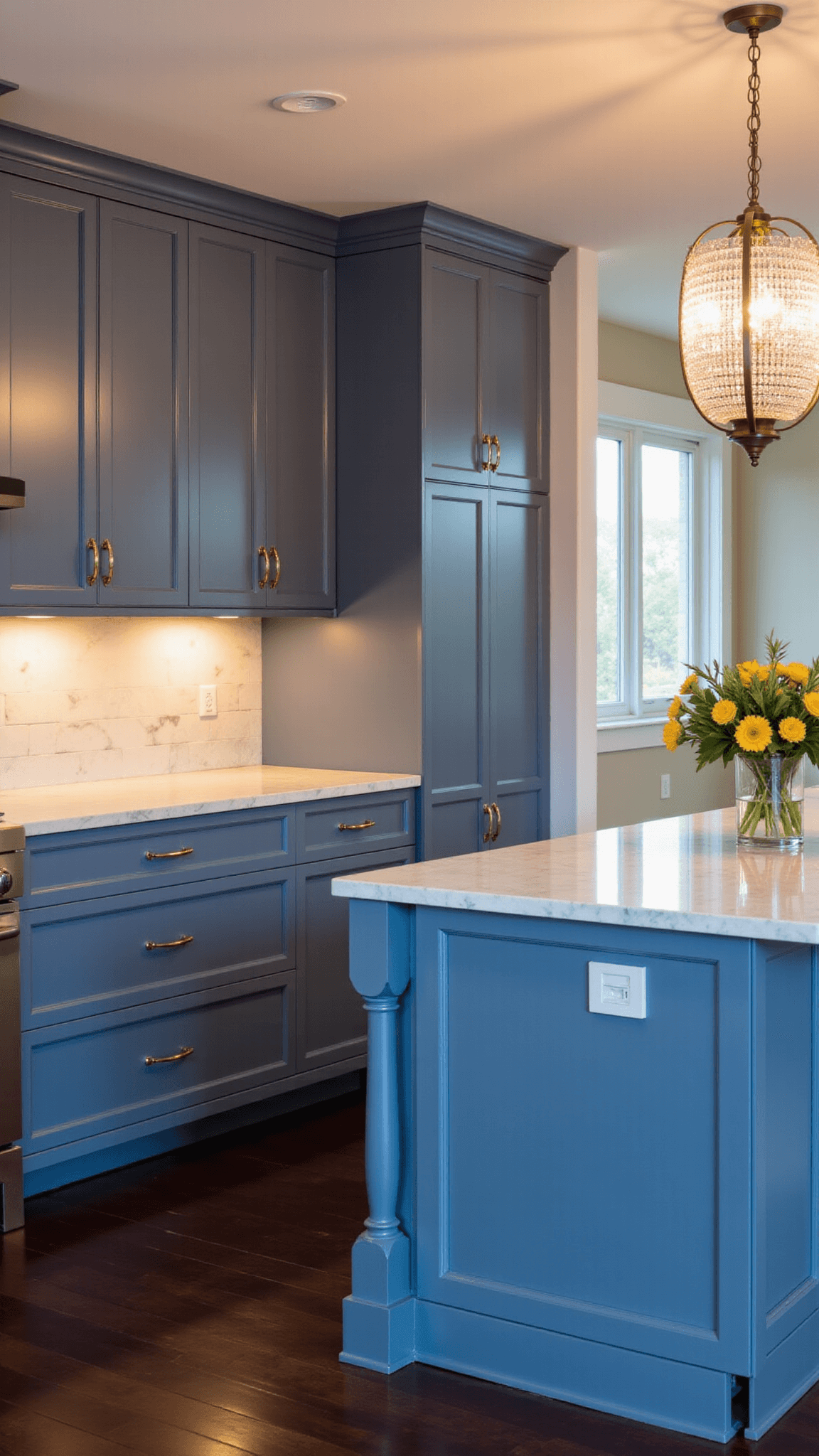 Classic luxury kitchen with deep blue-grey cabinets, Carrara marble counters, antique brass lanterns, and a crystal chandelier creating a warm ambiance in the dusk light.