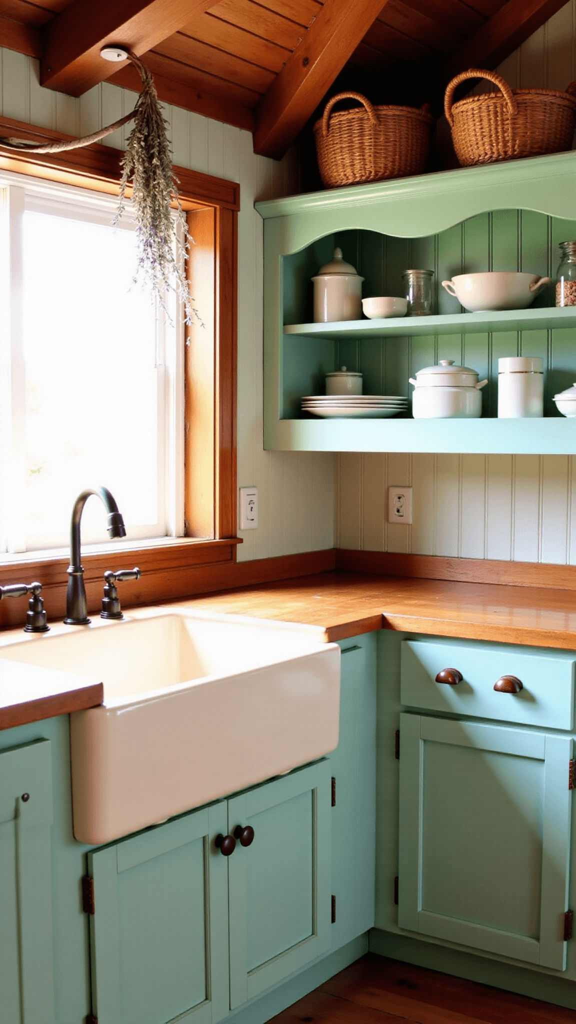Cozy farmhouse kitchen with mint green cabinets, butcher block countertops, and rustic details bathed in golden afternoon light