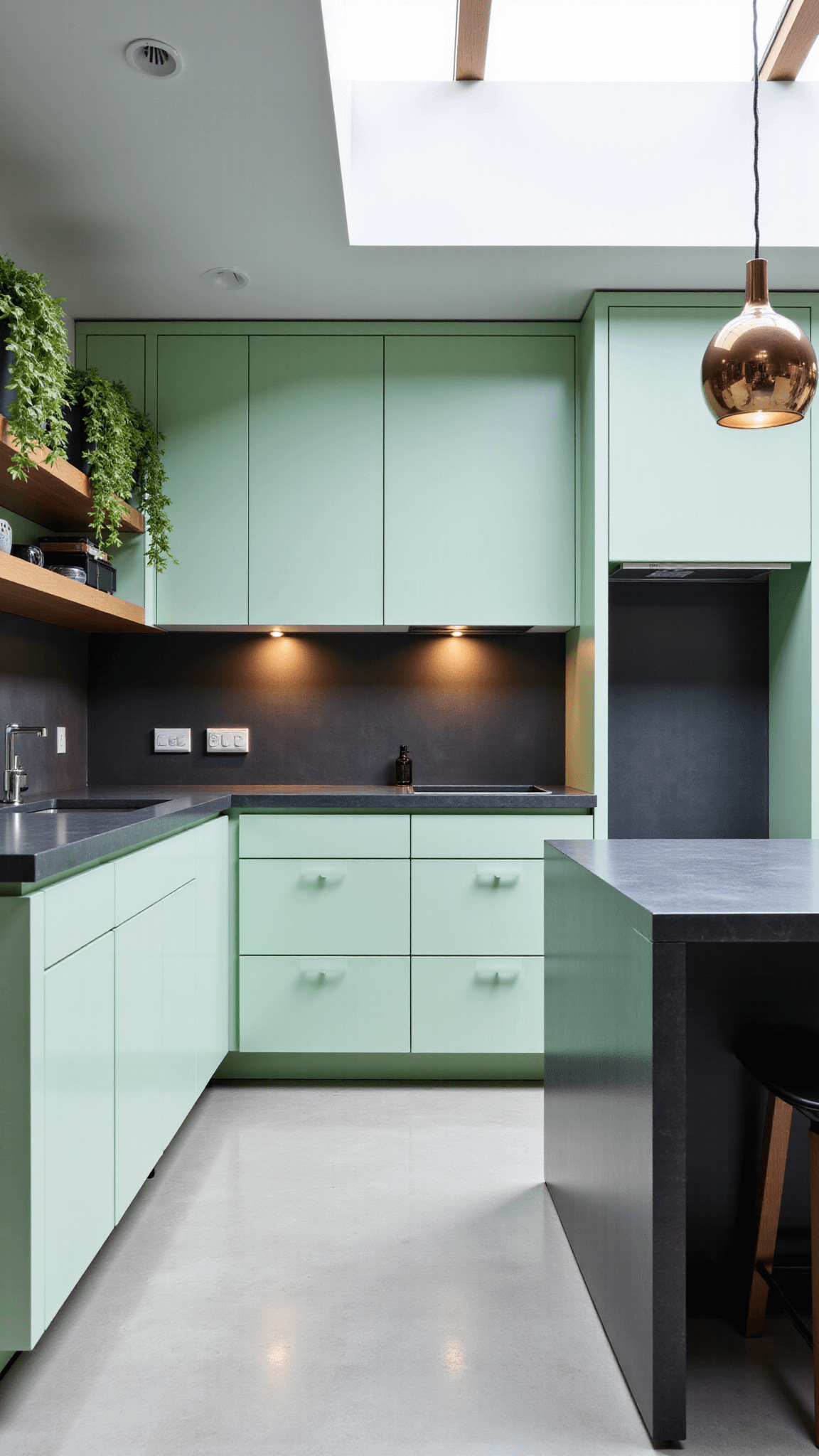 Above shot of a contemporary open-concept kitchen with mint green cabinets, charcoal quartz island, concrete floors, and geometric planters on floating shelves, highlighted by midday skylight.