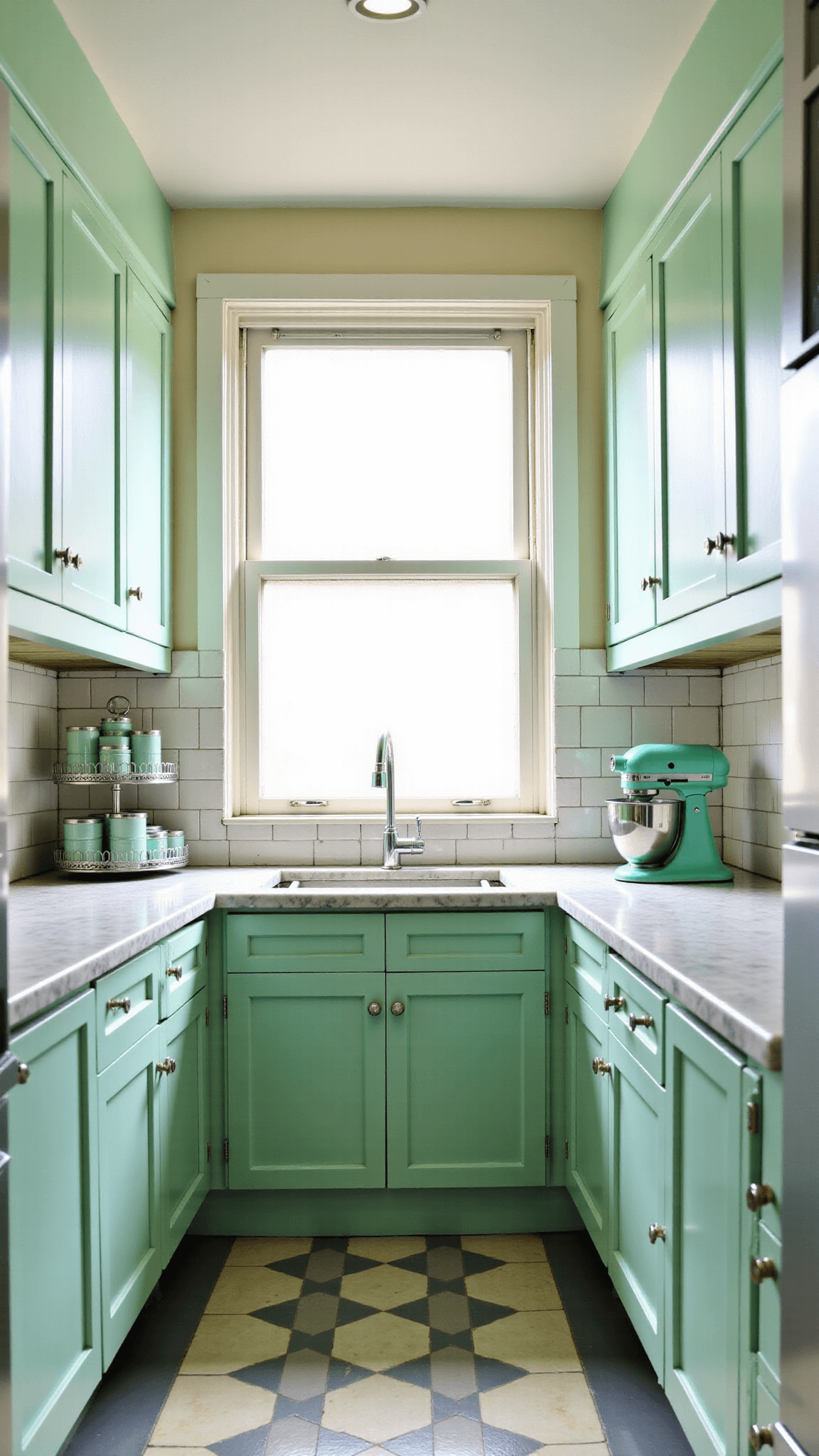 Vintage-style 8x14ft galley kitchen with mint green cabinets, white marble counters, checkerboard floor tiles, and nostalgic decor illuminated by soft morning light