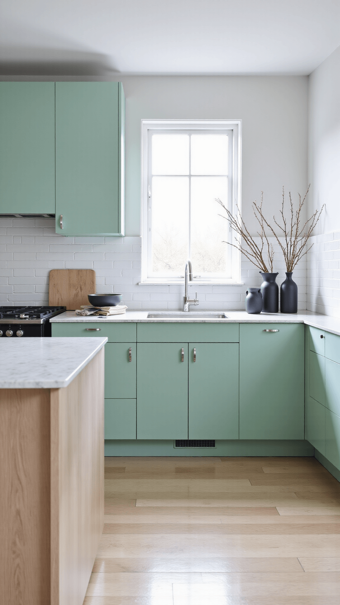 Scandinavian-modern kitchen with mint green cabinets, white oak accents, pale terrazzo countertops, white brick backsplash, and pale ash flooring. Features include matte black ceramics, linen textiles, sculptural branches, and natural light from floor-to-ceiling windows.