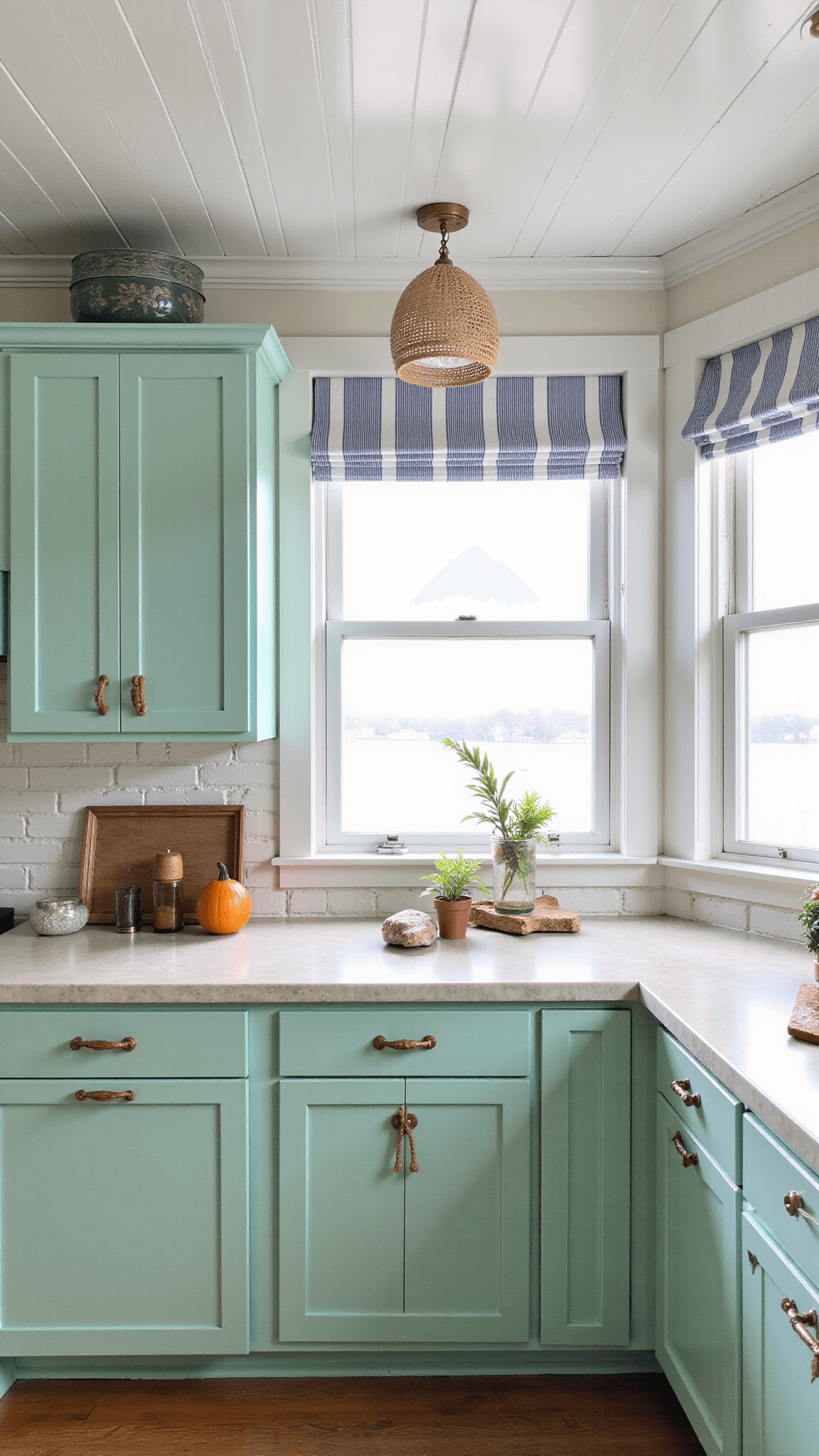 Breezy coastal cottage kitchen with mint green cabinets, whitewashed brick walls, limestone counters, rattan lights, glass floats, driftwood decor, highlighted by morning light reflecting off nearby water.