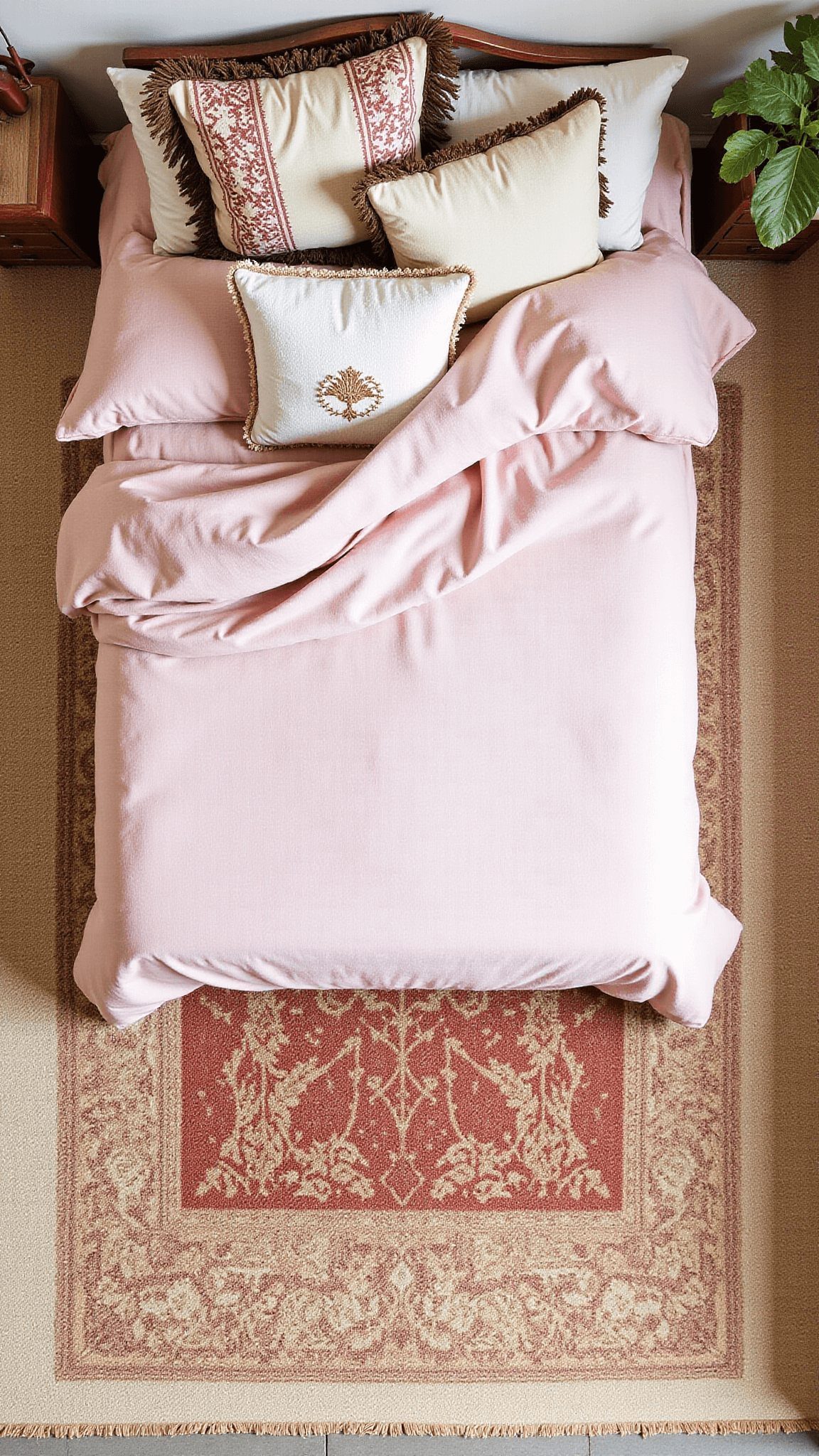 Bird's eye view of a 13x15ft bedroom with a queen bed covered in a pink linen duvet, Moroccan wedding blanket, and embroidered pillows, atop a natural fiber rug and sisal carpeting, lit with mid-morning light to emphasize textile details.