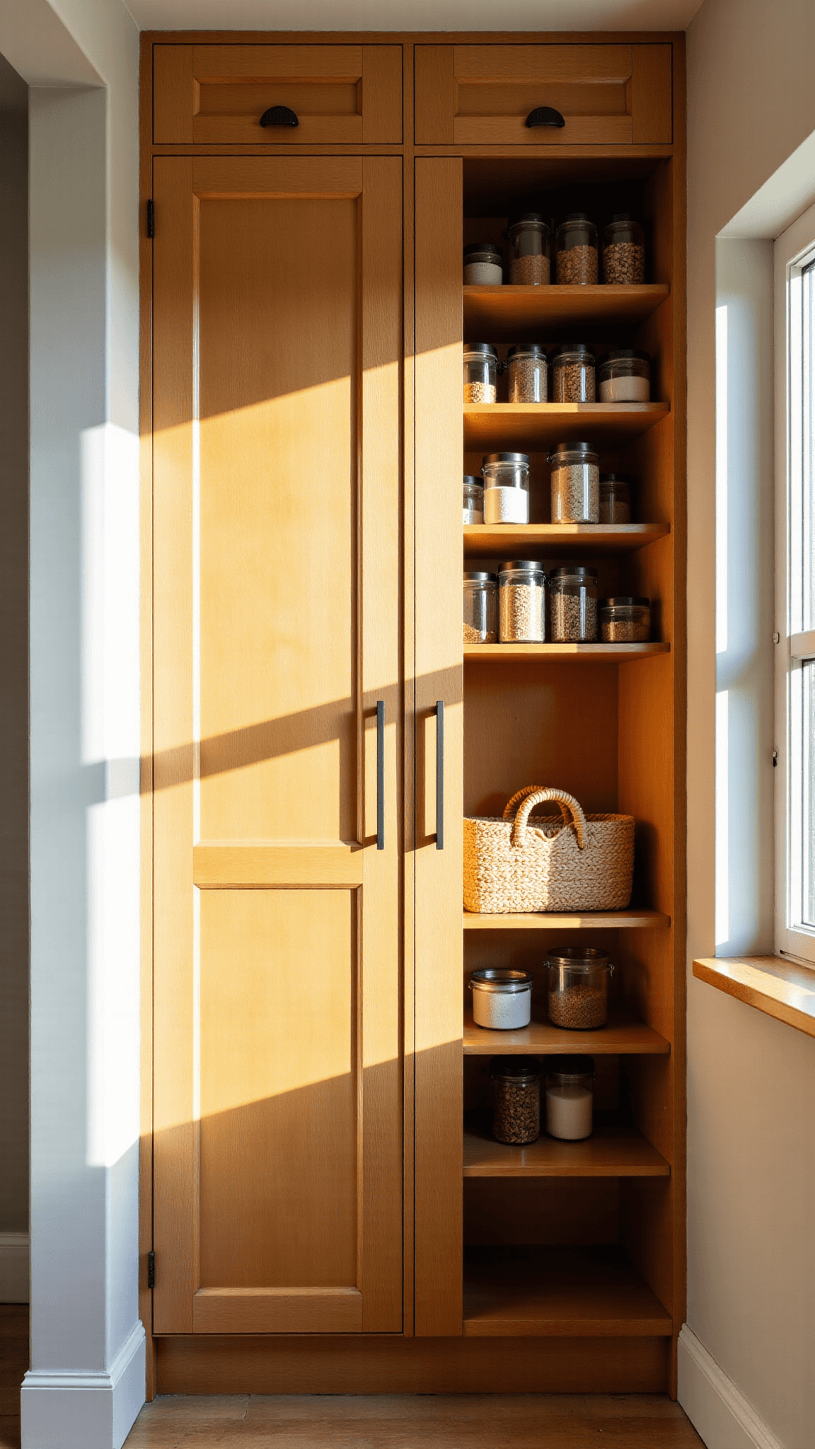 Full-height golden oak pantry wall with black handles and glass canisters filled with grains, lit by morning light from a side window creating dramatic shadows.