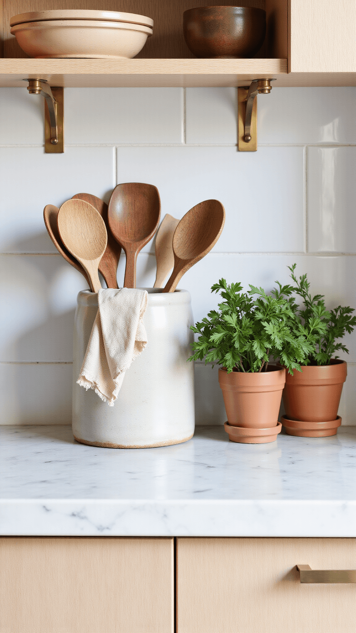 Close-up of a marble countertop against an Oak cabinet backdrop, adorned with handmade pottery, wooden utensils in stone crock, fresh herbs in terracotta pots and natural linen tea towels, highlighted by 11am side lighting.