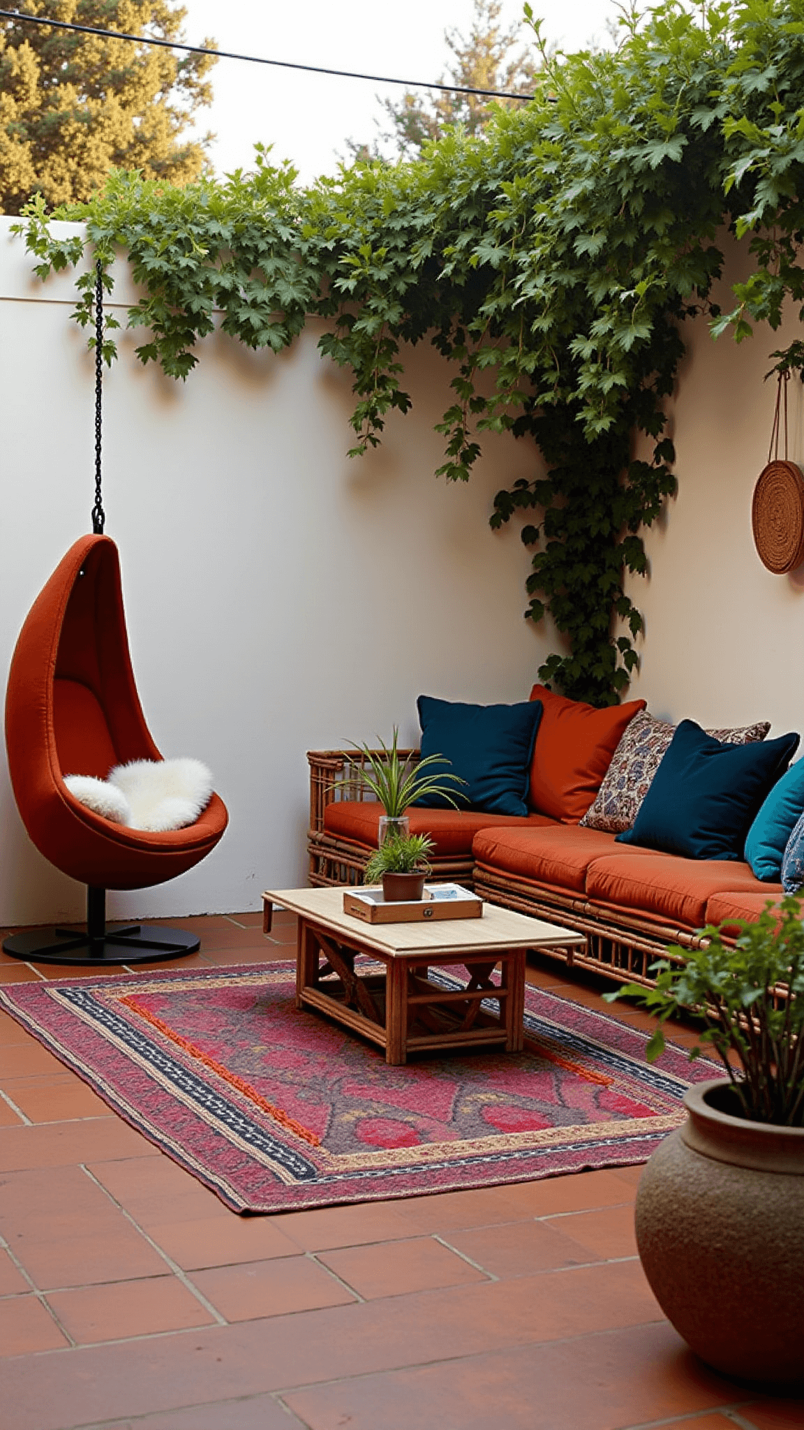 Bohemian style L-shaped patio with terracotta tiles, white stucco walls covered in jasmine vines, a rust-colored hanging egg chair with pillows, rattan sectional, vintage Moroccan rugs, brass lanterns, garden string lights and a woven ceiling pendant at golden hour.