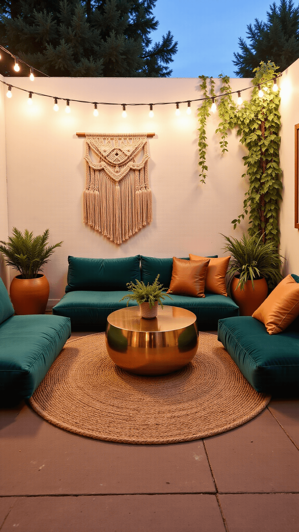 Cozy patio conversation nook at dusk with jute rug, market lights, velvet and leather cushions, brass coffee table, macrame wall hanging, and ceramic planters with trailing plants.