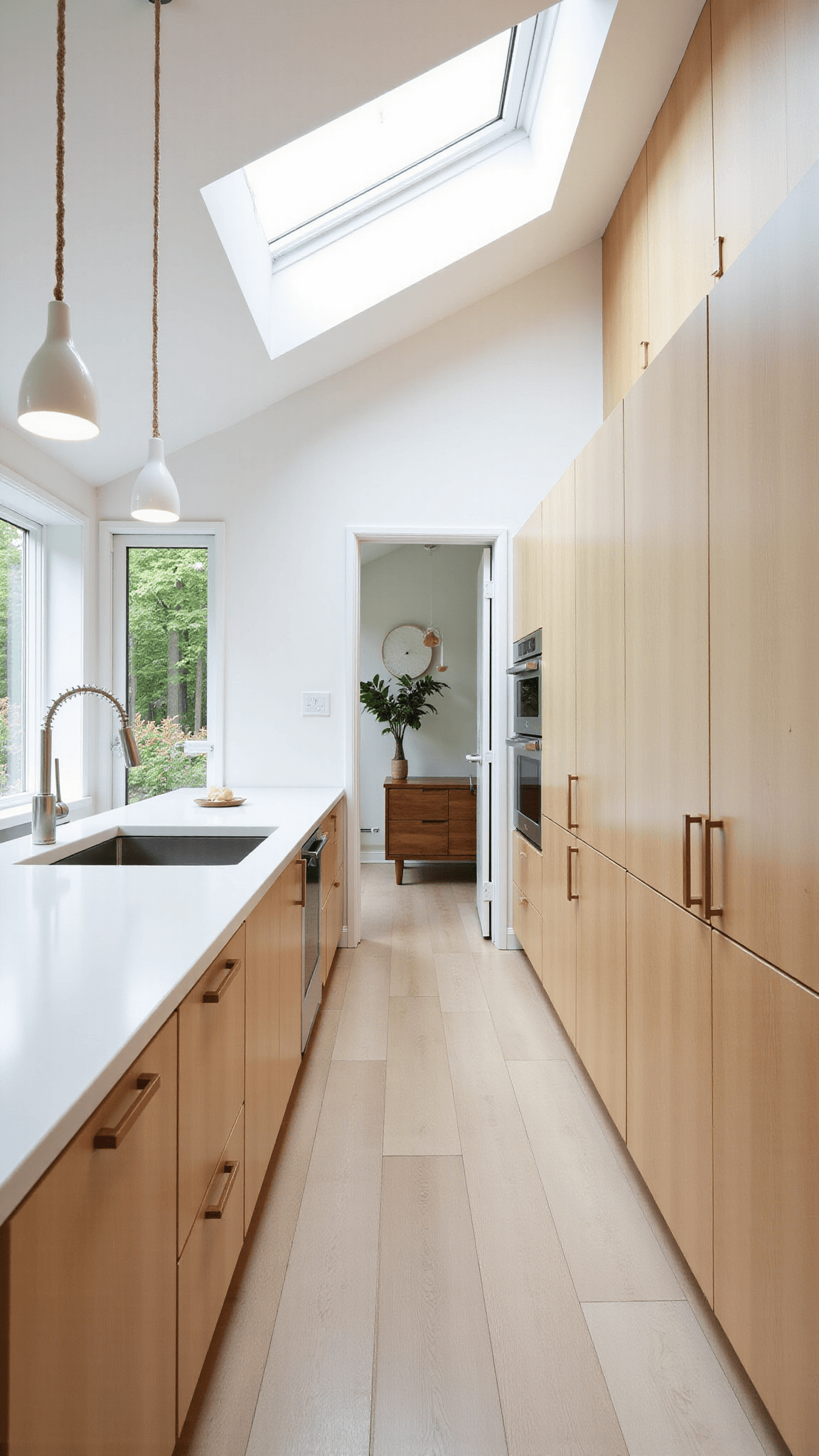 Bright, Scandinavian-inspired kitchen with vaulted ceilings, light maple cabinets, white quartz surfaces, and natural lighting from skylight.