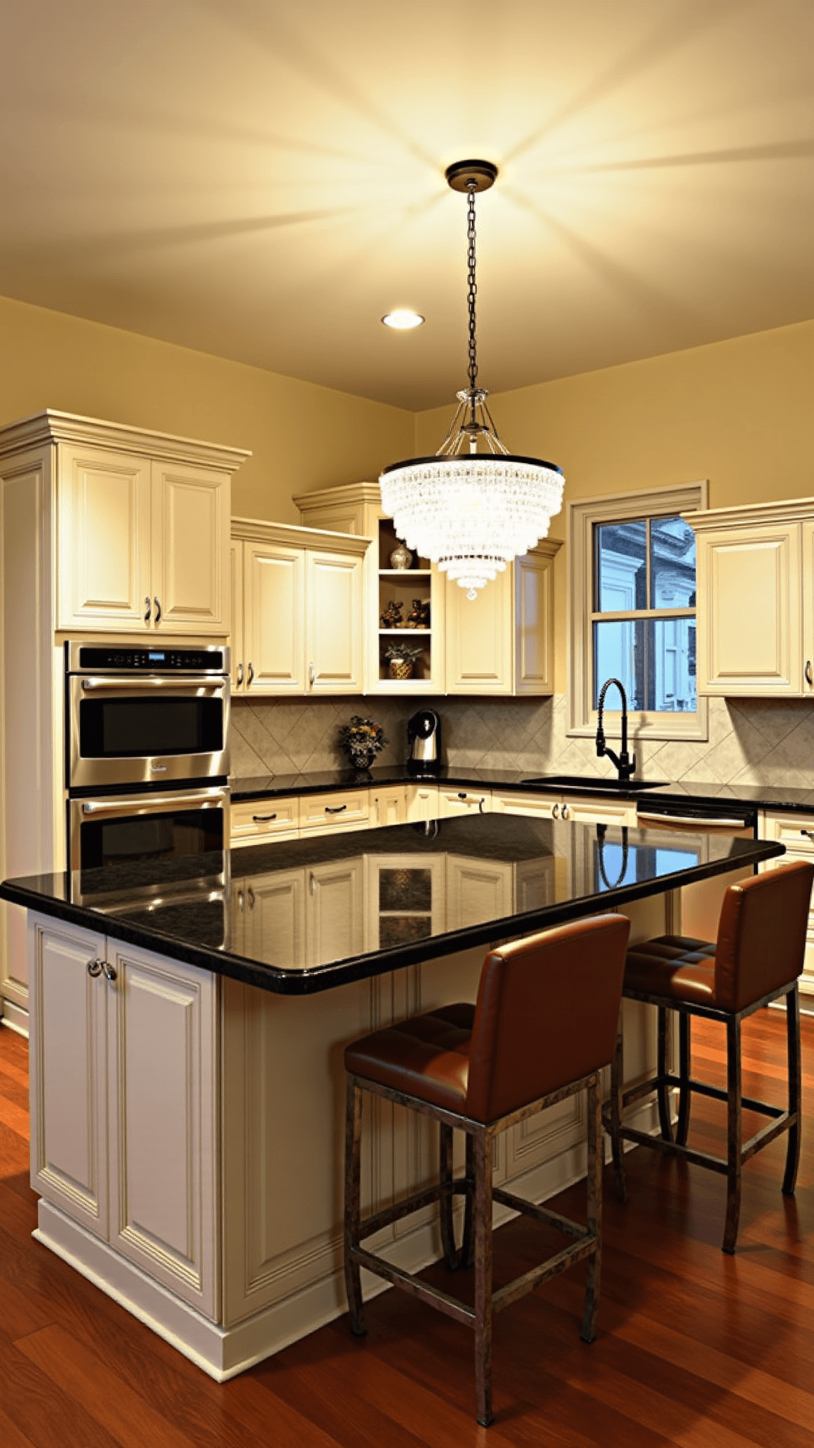 Elegant transitional L-shaped kitchen with light maple cabinets, black granite countertops, herringbone marble backsplash, and crystal chandelier, captured from an elevated view during golden hour.