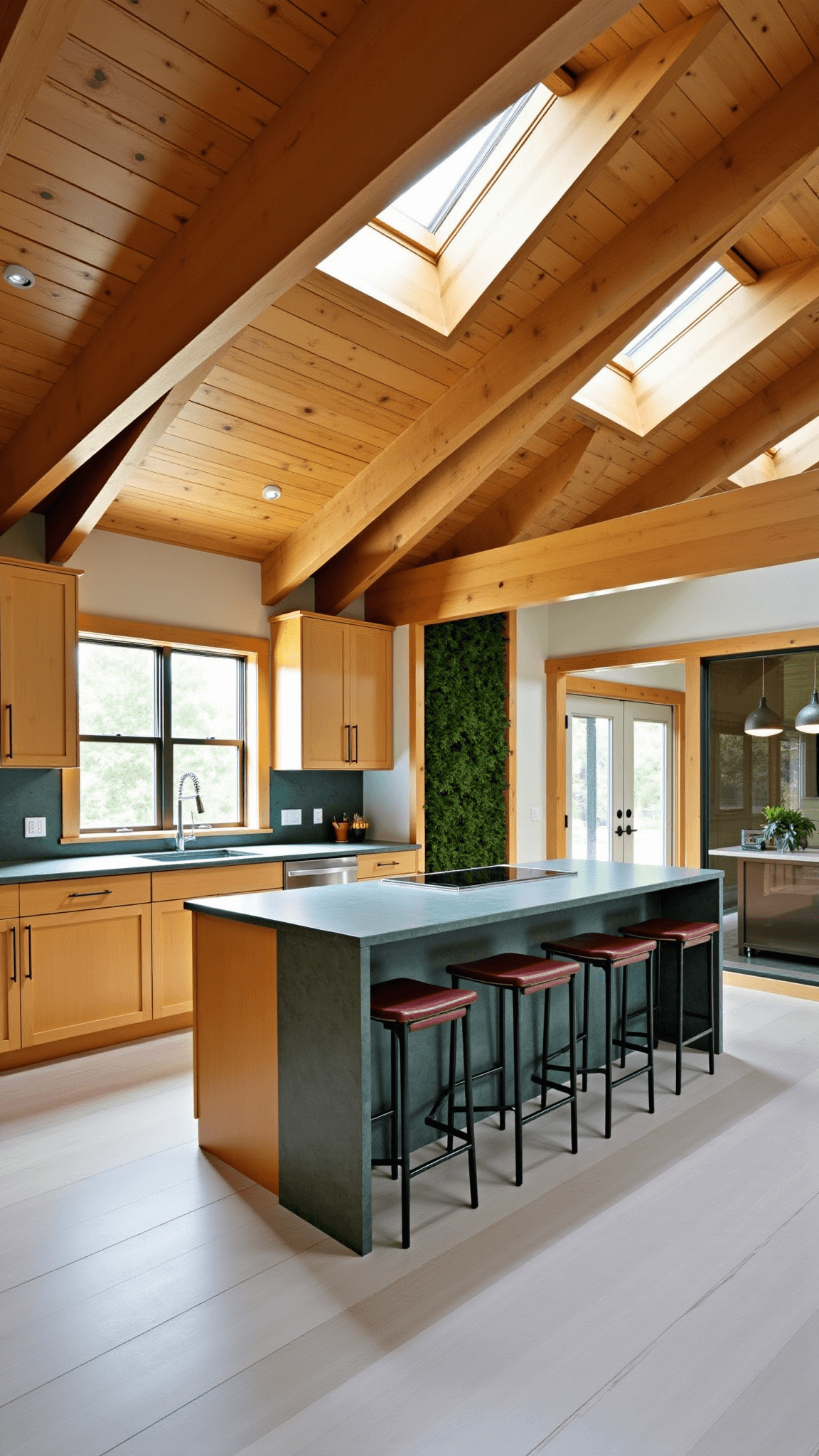 Open-concept contemporary organic kitchen featuring light maple cabinets, green slate waterfall island, living wall feature, exposed wooden beams, overhead skylights, pendant lighting, and various natural textures.