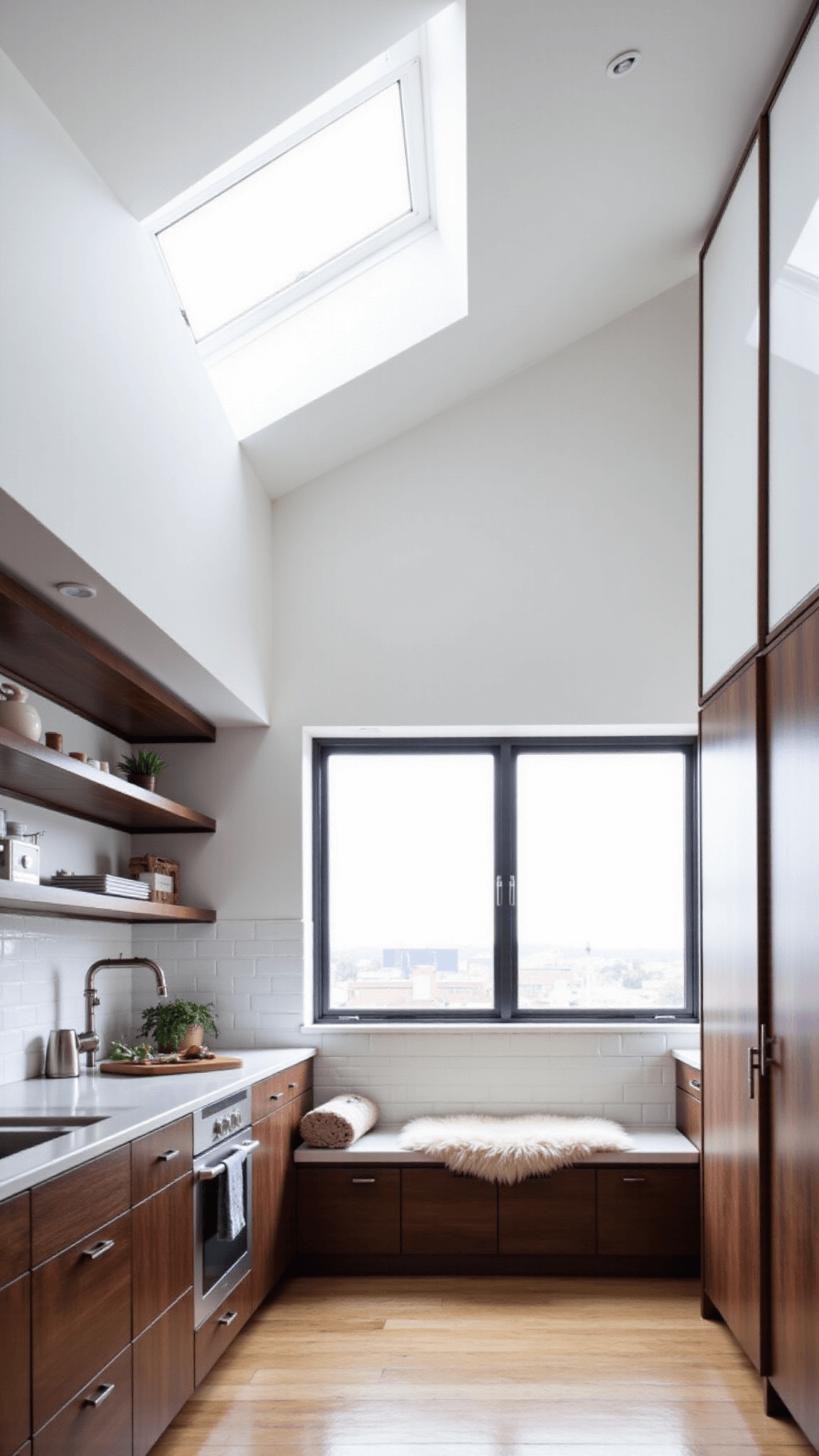 Bright, Scandinavian-inspired kitchen featuring dark walnut lower cabinets, white upper cabinets, pale ash flooring, skylight, and sheepskin draped over bench seat.