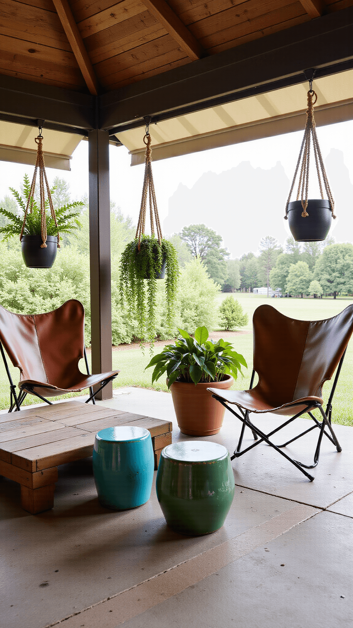 Cozy covered patio featuring distressed leather butterfly chairs, reclaimed wood coffee table, macrame plant hangers with philodendrons, jewel-toned ceramic stools and natural fiber roman shades in warm afternoon light.