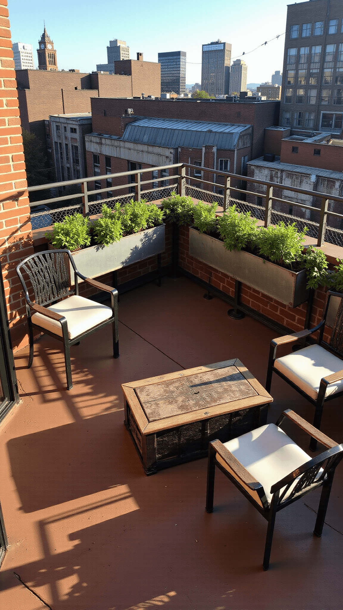 Urban terrace with steel railings, composite decking, and industrial metal planters during golden hour, with cityscape in the background.