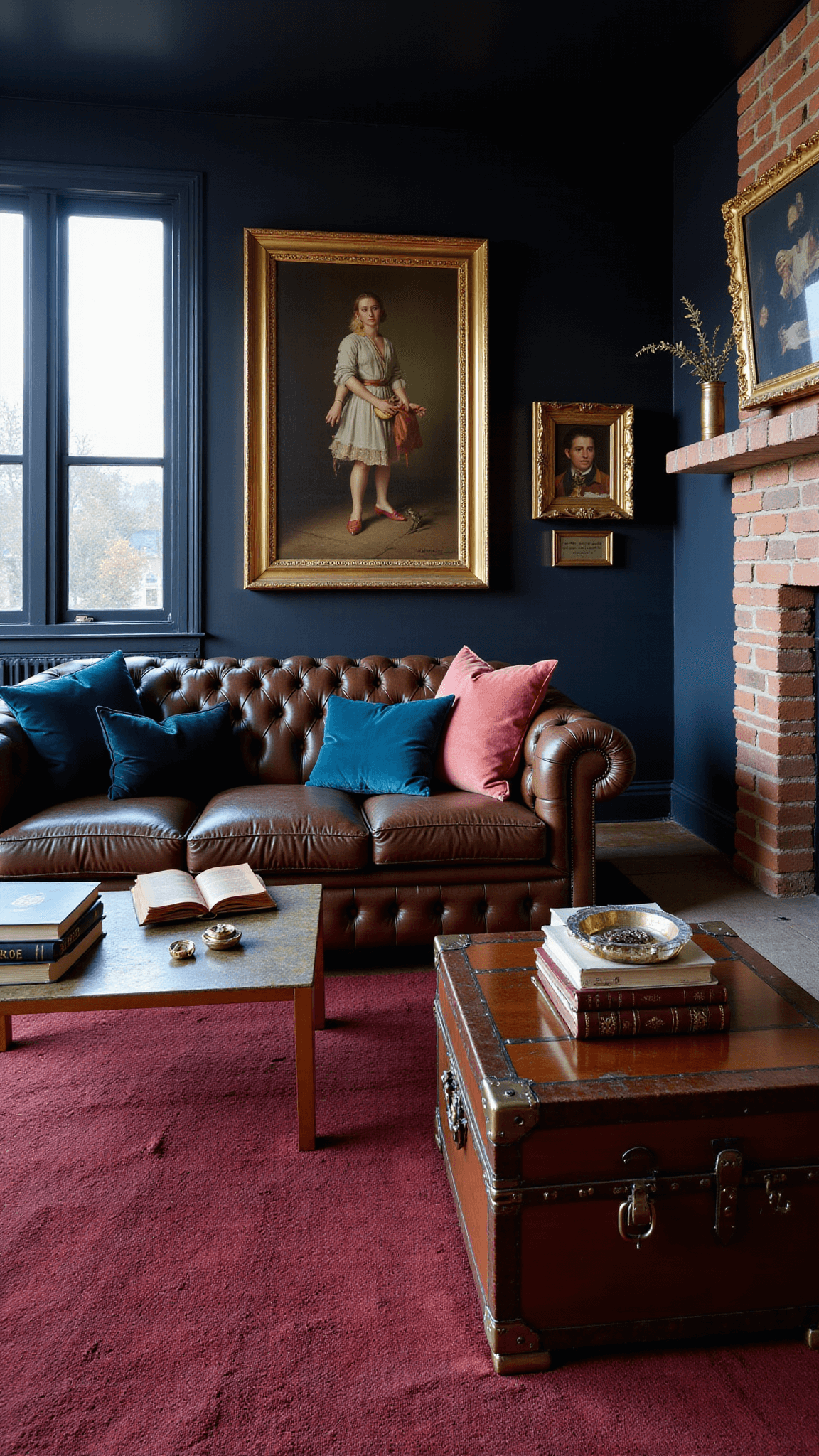 Spacious living room at dusk with black painted brick wall, oversized oil paintings, vintage Chesterfield sofa, and a vintage trunk coffee table under natural blue hour and warm interior lighting.