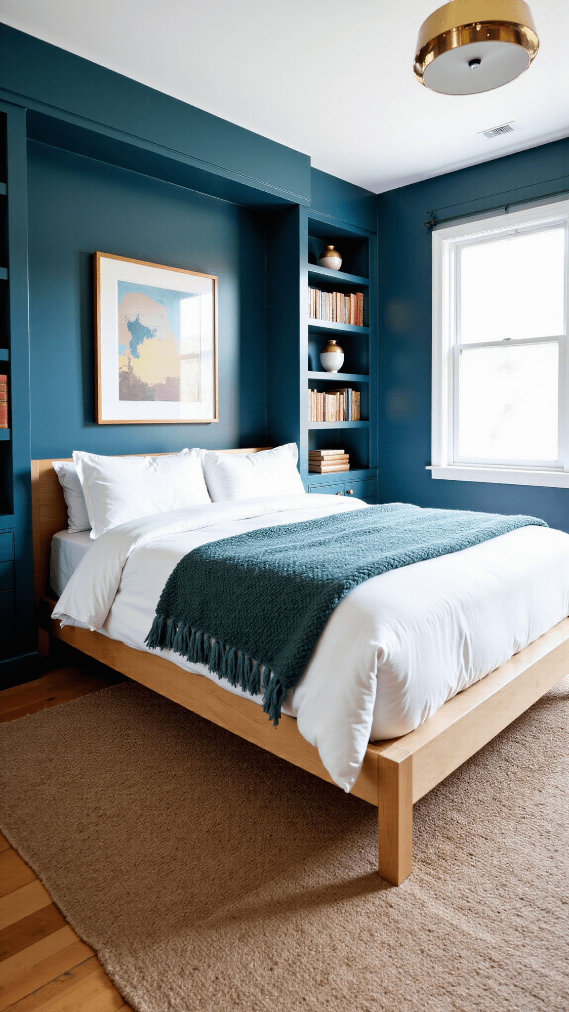 Midday view of a sophisticated 15x15 ft bedroom with Inchyra Blue walls, modern oak bed with white and teal bedding, built-in teal bookshelves, geometric brass pendants, oversized abstract canvas, and vintage rugs.