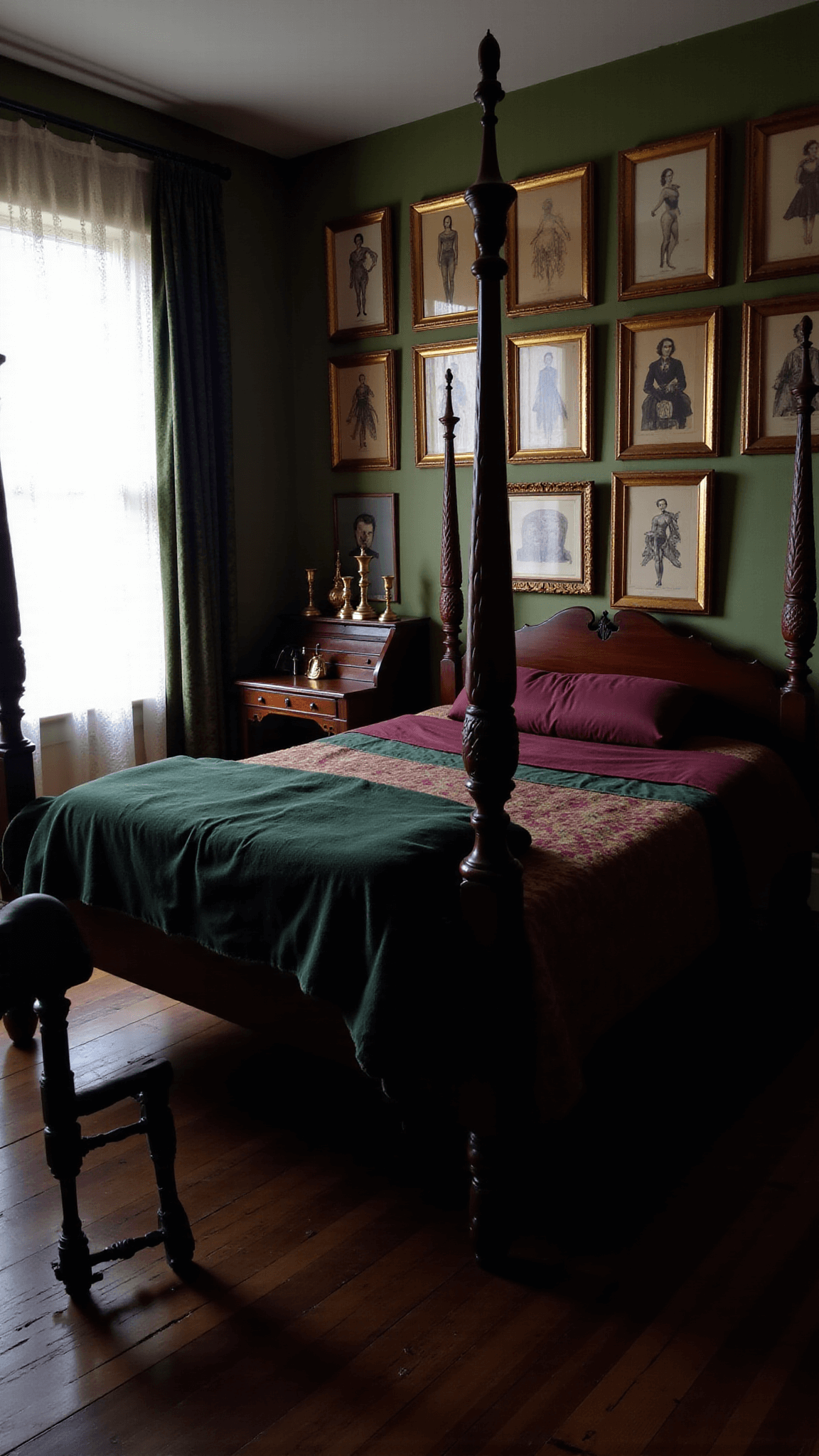 Moody scholar's bedroom with four-poster bed, antique desk by the window, and gallery wall, lit by soft morning light filtering through lace curtains.