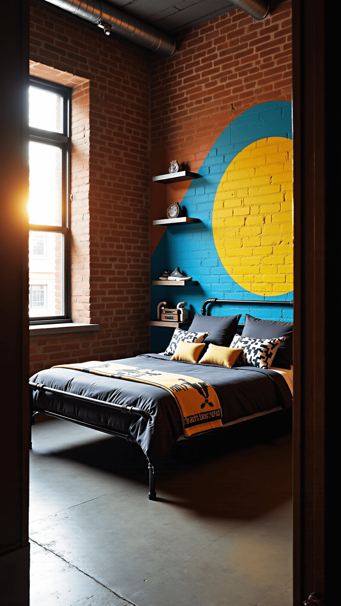 Industrial-style bedroom with graffiti mural, metal frame bed, vintage sneakers, urban art pieces on pipe shelves, LED lighting, and shadow-casting street lamp, illuminated by golden hour sunlight.