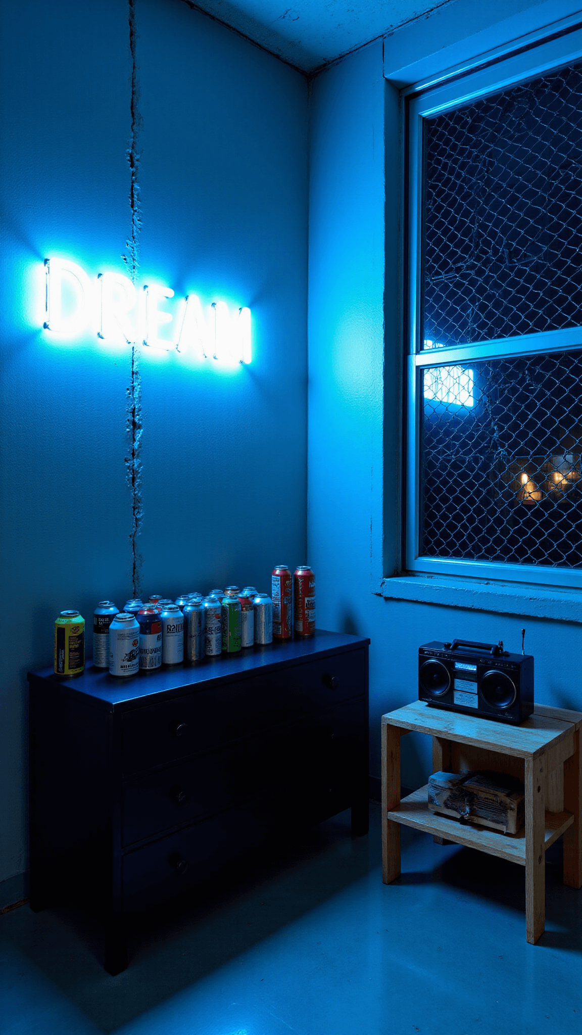 Corner view of urban sanctuary with neon 'DREAM' sign, minimalist dresser with spray paint cans and photography, chain-link curtains, reclaimed wood nightstand with boombox, and industrial pendant lights, at blue hour.