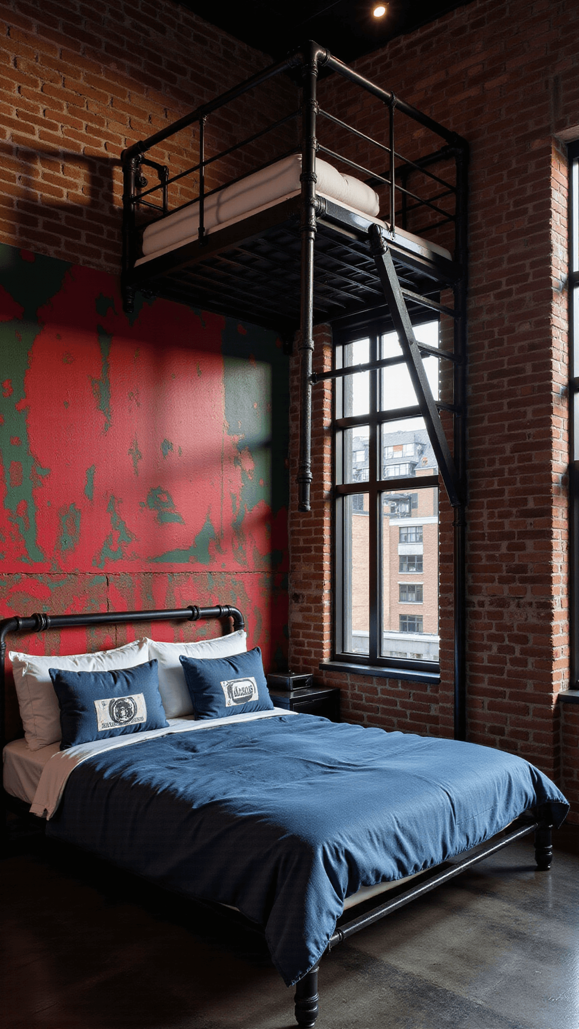 Urban loft bedroom at dusk featuring street art accent wall, metal frame bed with denim-inspired bedding, elevated reading nook accessed by an industrial pipe ladder, and ambient LED lighting.