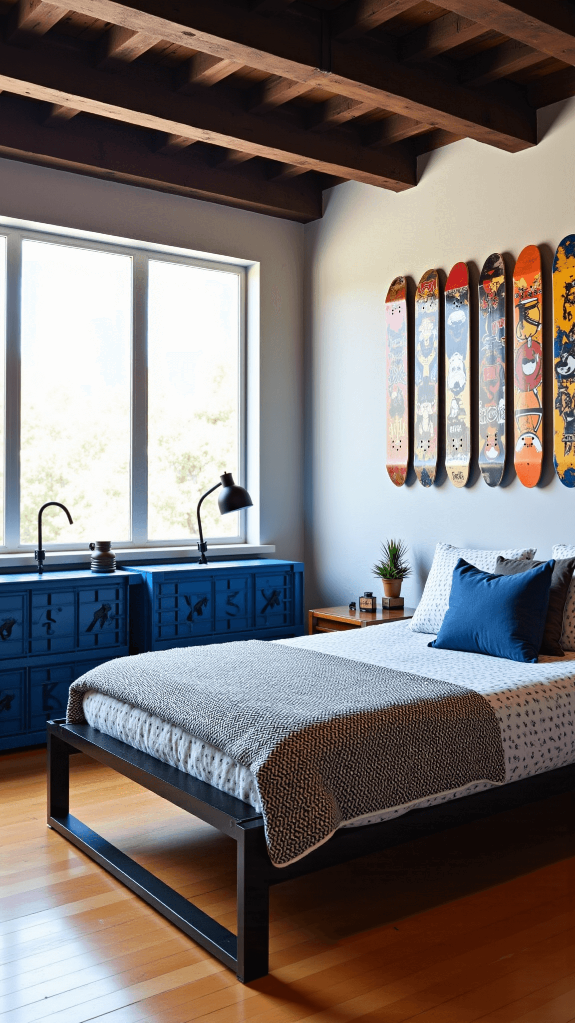 Teen's street style bedroom with skateboard deck gallery, platform bed with graffiti comforter, industrial desk, blue milk crate storage, and pendant lights on exposed beams.