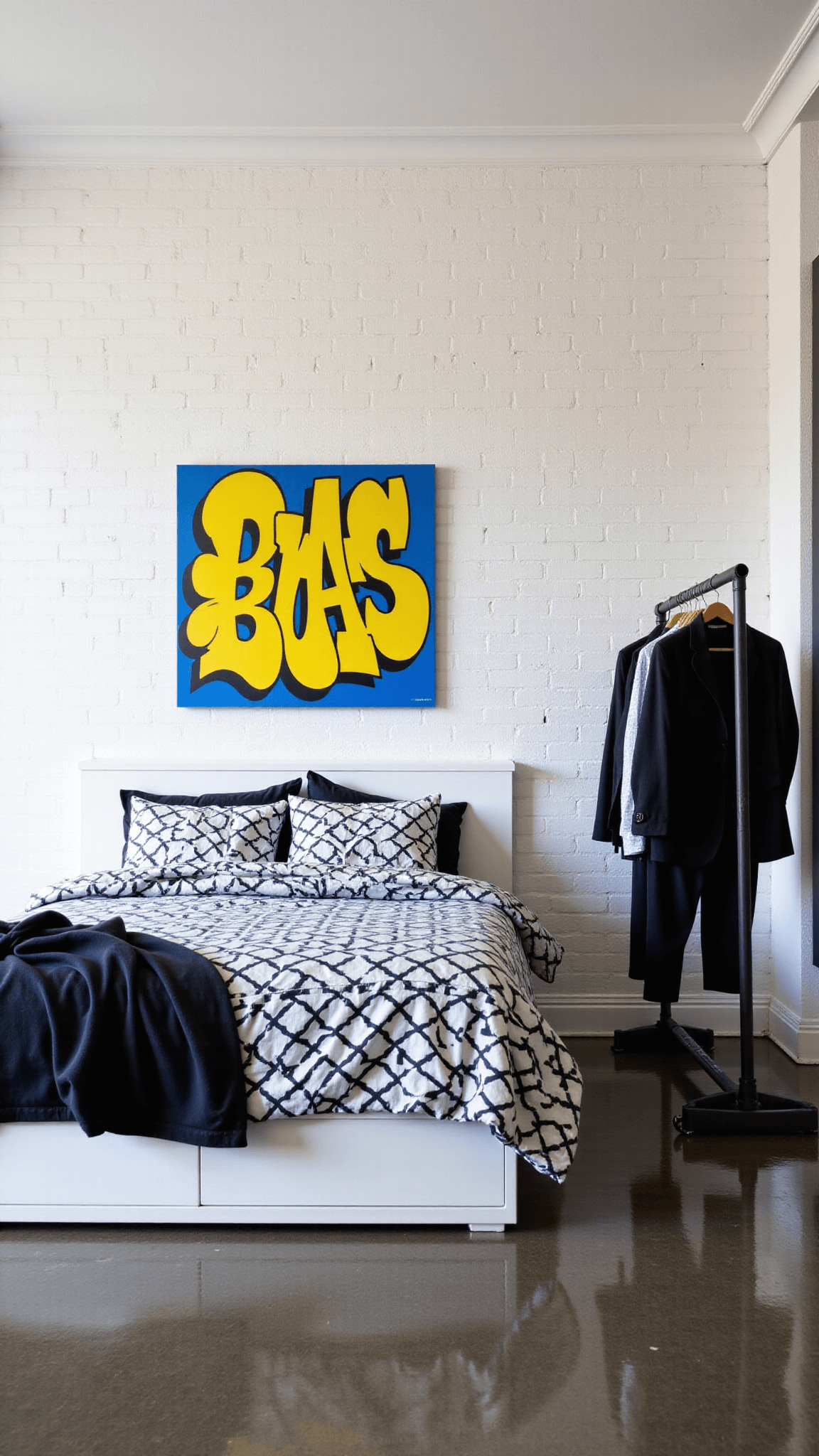 Minimalist street style bedroom with white brick walls featuring large graffiti art, low-profile bed with black and white geometric bedding, and an industrial clothing rack showcasing curated streetwear, illuminated by cool morning light.