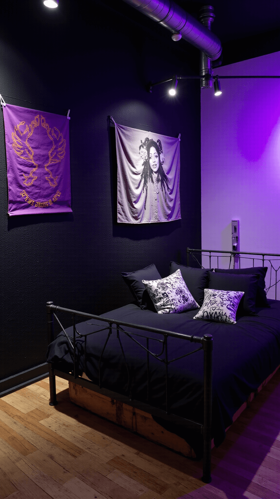 Urban bedroom studio with textured black wall, neon art, metal and wood bed with monochrome linens, pop art pillows, hanging urban tapestry, LED lighting, and multiple light sources creating a dynamic, twilight setting.