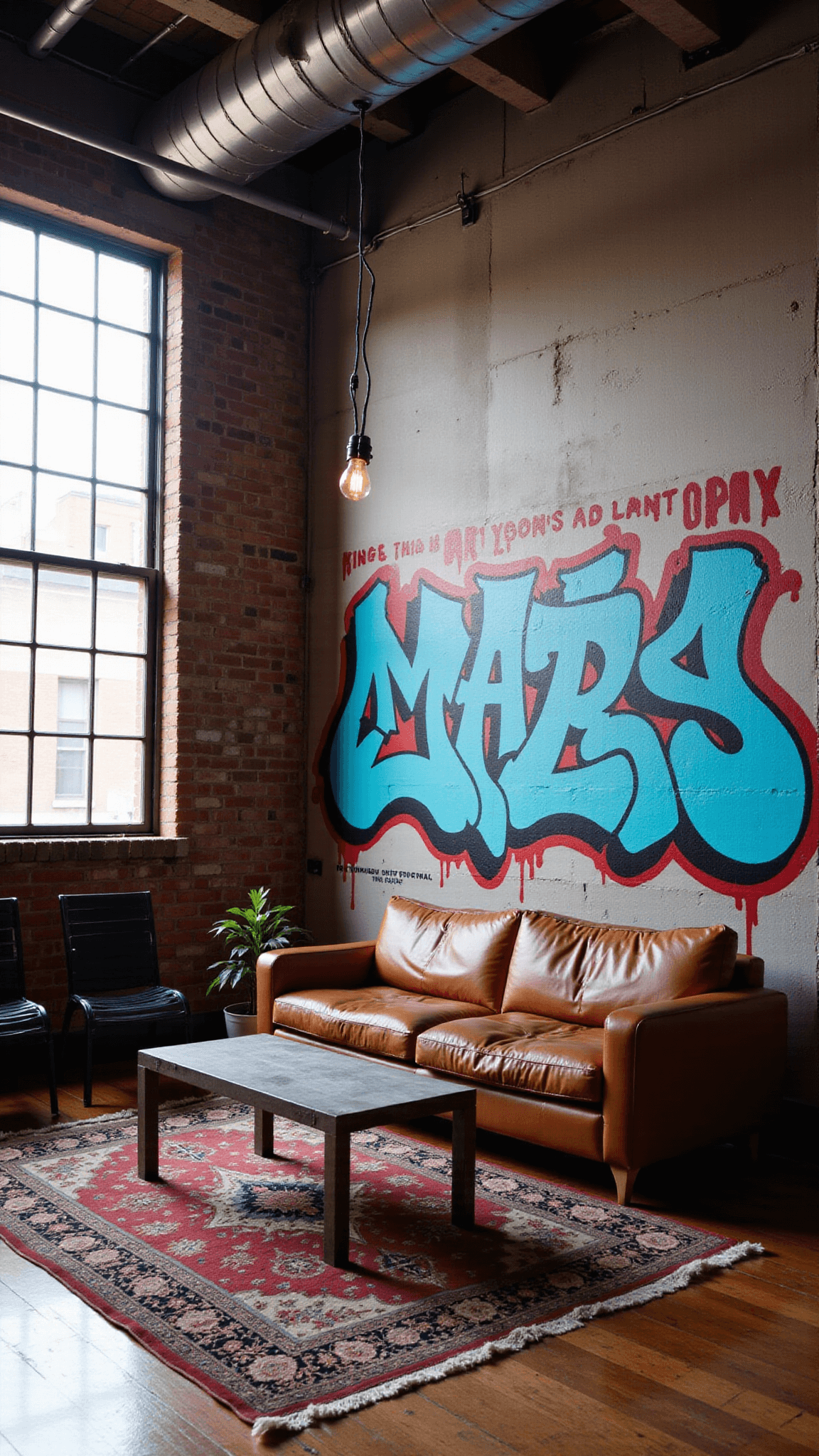 Sun-drenched industrial loft with high ceilings, exposed ductwork and brick walls, distressed leather sectional, steel coffee table, graffiti mural, vintage Persian rug, black metal chairs, and LED lighting.