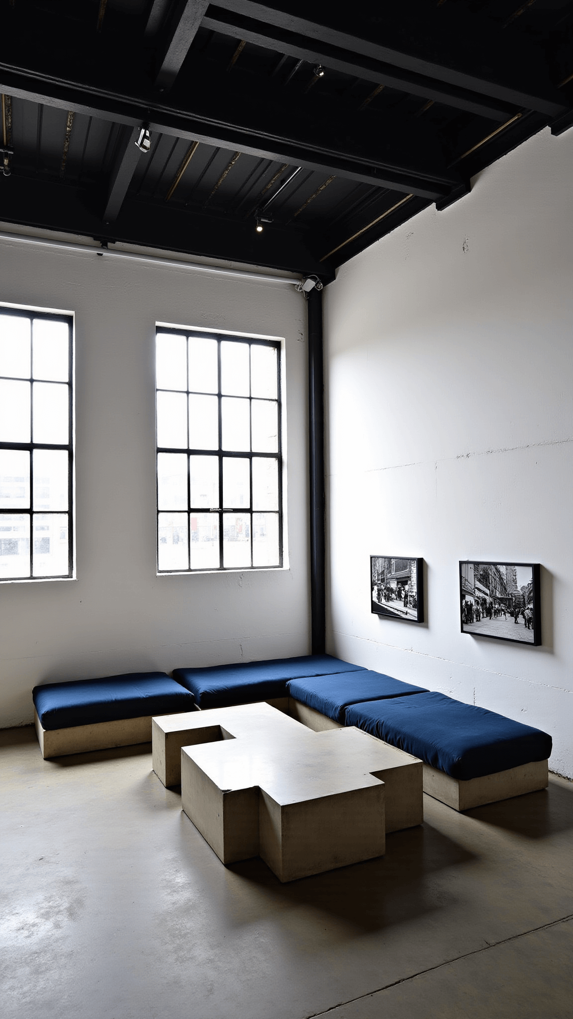 Converted warehouse studio with sunlit steel-framed windows, white walls showcasing street photography, modular concrete seating with indigo cushions, spray paint can display, black ceiling beams, and vintage drafting table used as a bar.
