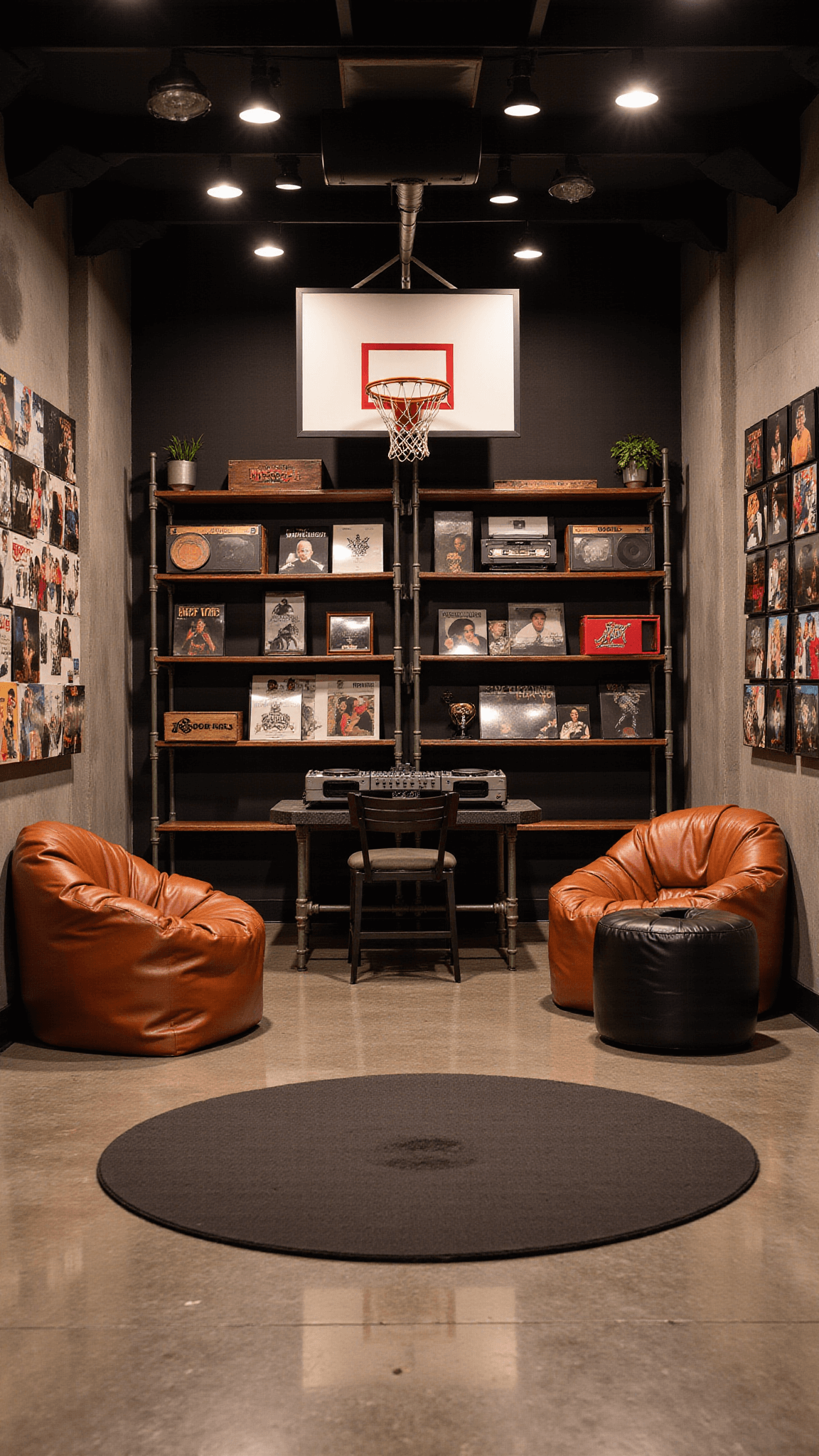 Open-concept street culture sanctuary at dusk featuring a basketball hoop, DJ booth, vintage boombox collection, hip-hop vinyl album covers, and oversized bean bags.