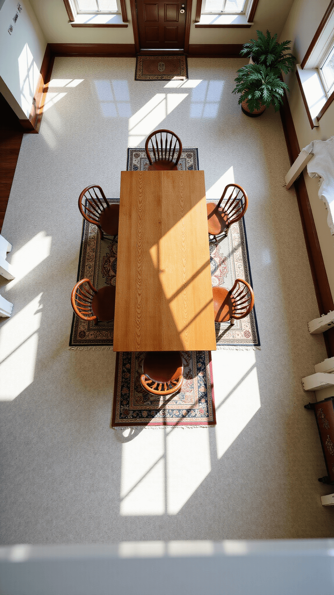 Overhead shot of a large kitchen with cream and gray hexagonal ceramic tiles, lit by skylights and featuring a harvest table surrounded by Windsor chairs with vintage rugs overlaying the floor.