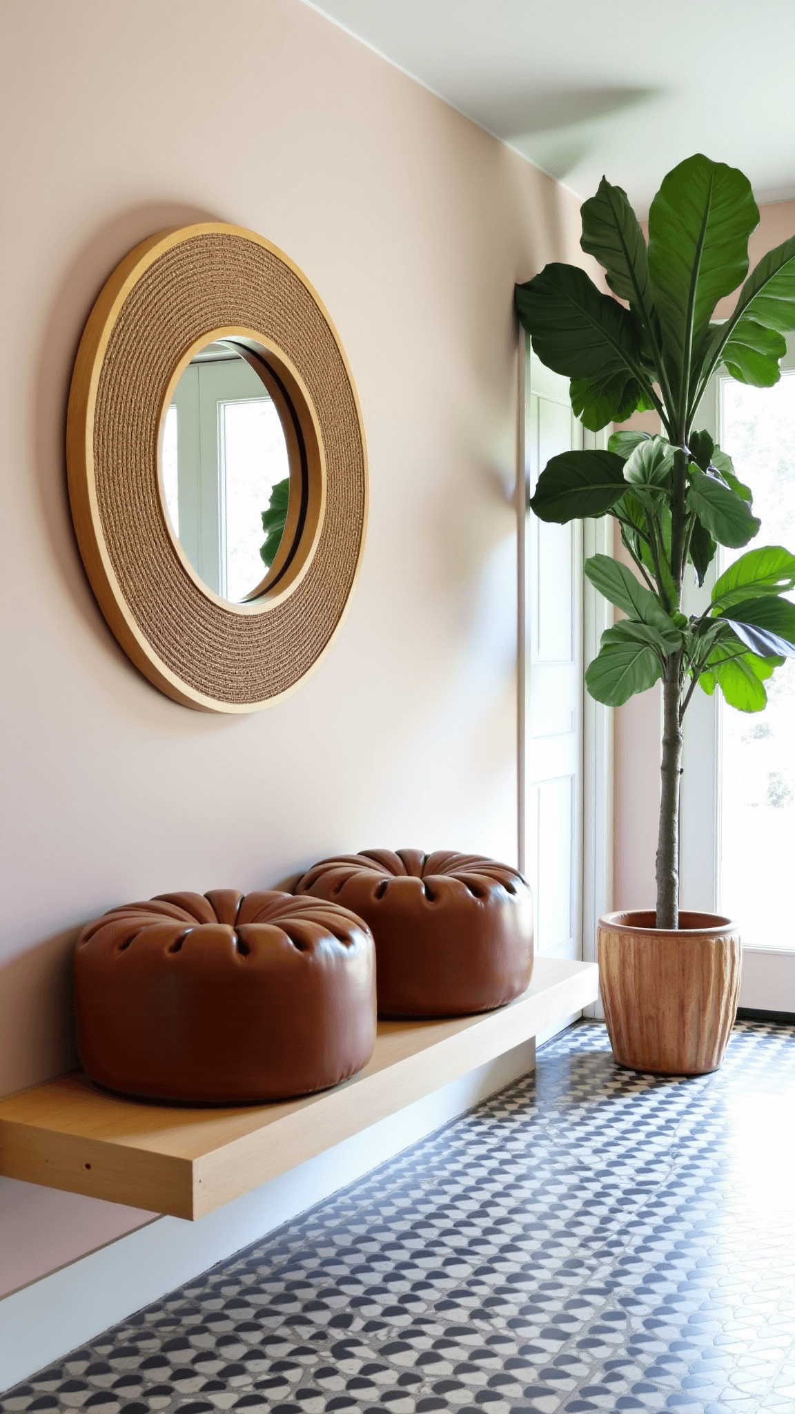 Overhead view of brightly lit boho-style foyer with circular rattan mirror, bleached oak floating bench with Moroccan leather pouffes, massive fiddle leaf fig plant, and geometric cement tile floor.