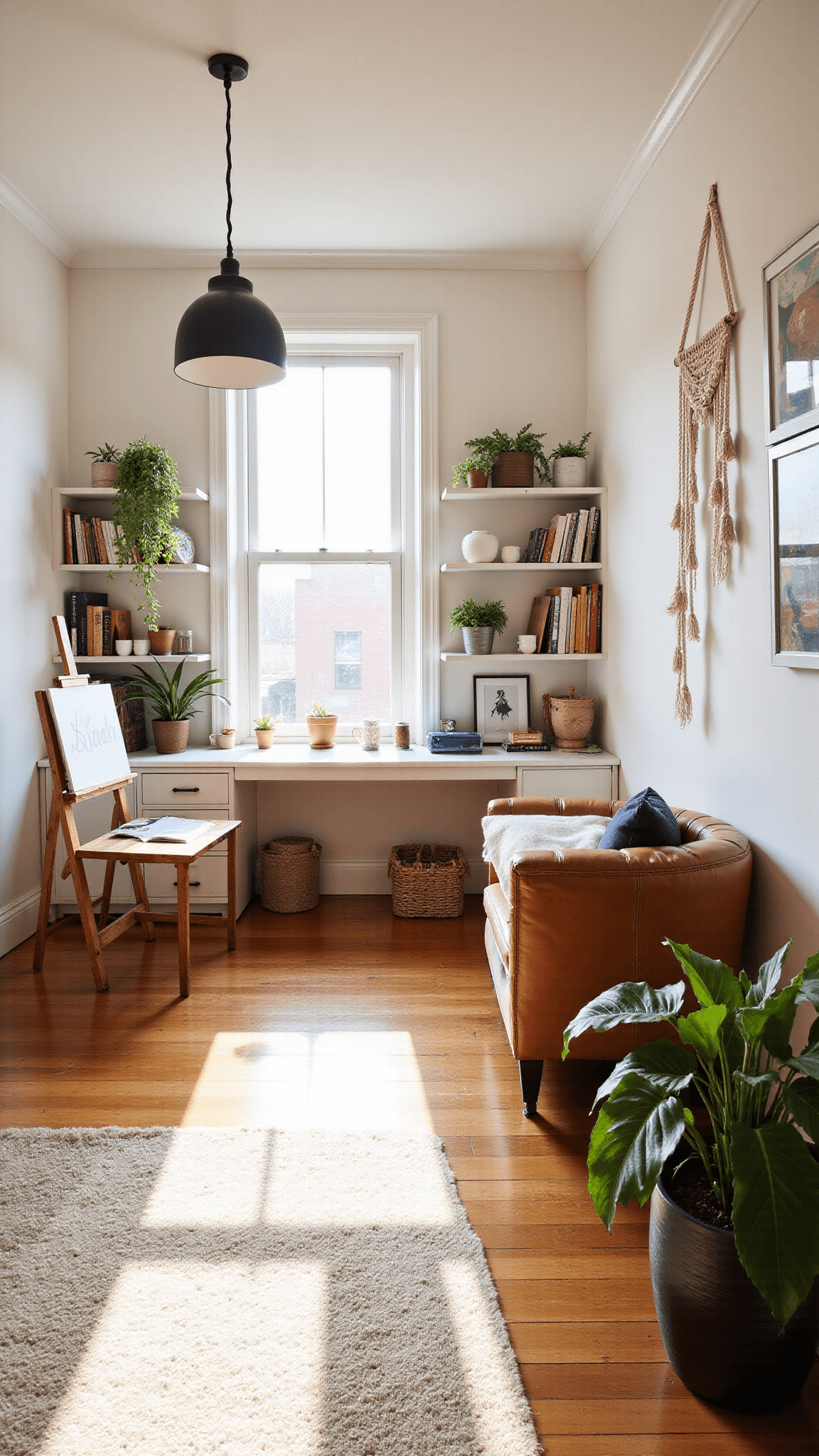 Sunlit creative studio with hardwood floors, white walls, and organized art supplies on an L-shaped desk facing floor-to-ceiling windows, ceramics and art books on floating shelves, an easel near natural light, industrial pendant lights, cozy reading nook with a leather armchair, and macramé hangers with cascading plants.