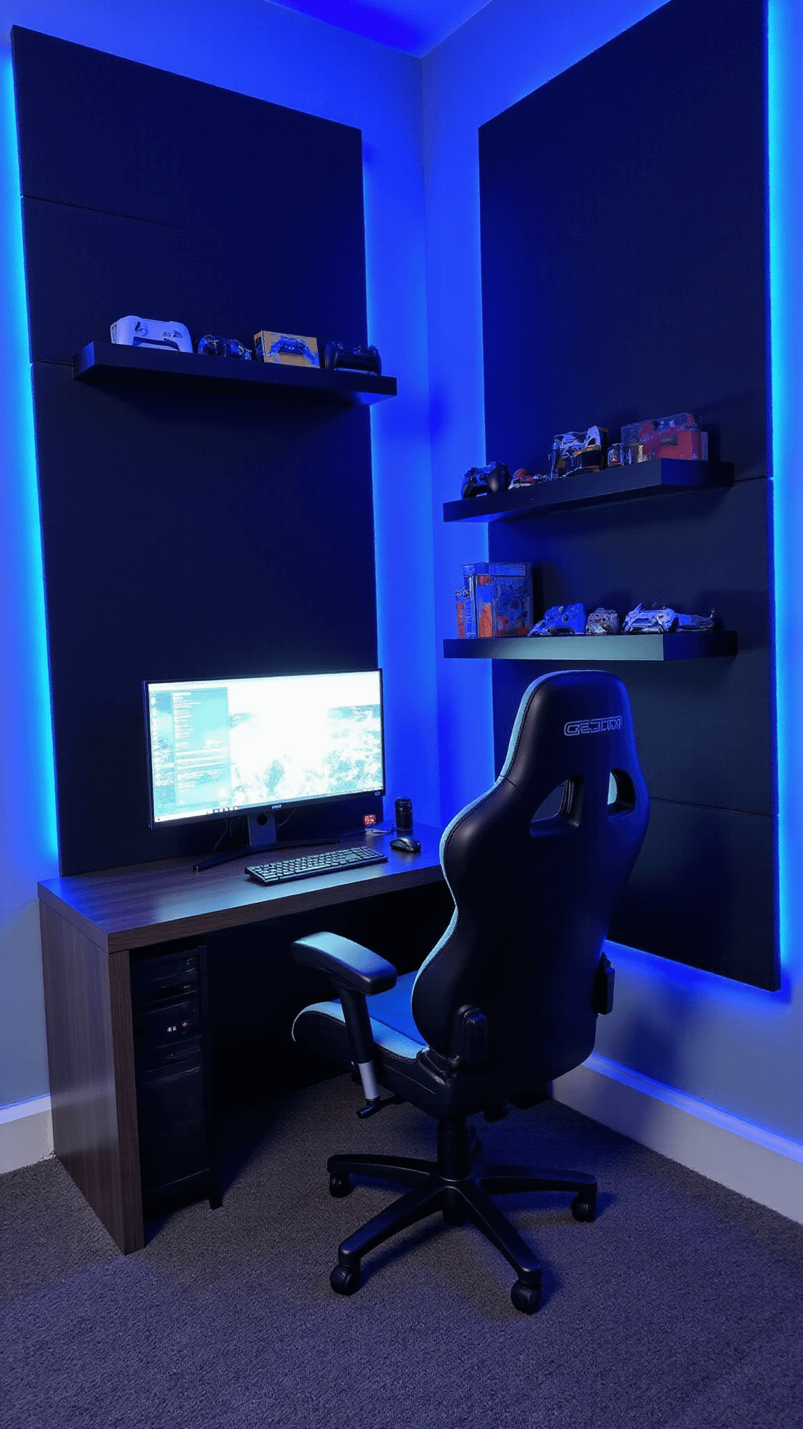 Elevated corner view of a modern, tech-savvy gaming zone with programmable LED lighting, ultra-wide curved gaming monitor, acoustic panel walls, floating desk with hidden cable management, gaming chair with electric blue accents, and modular seating. Floating shelves adorned with smart lighting strips showcase gaming collectibles.