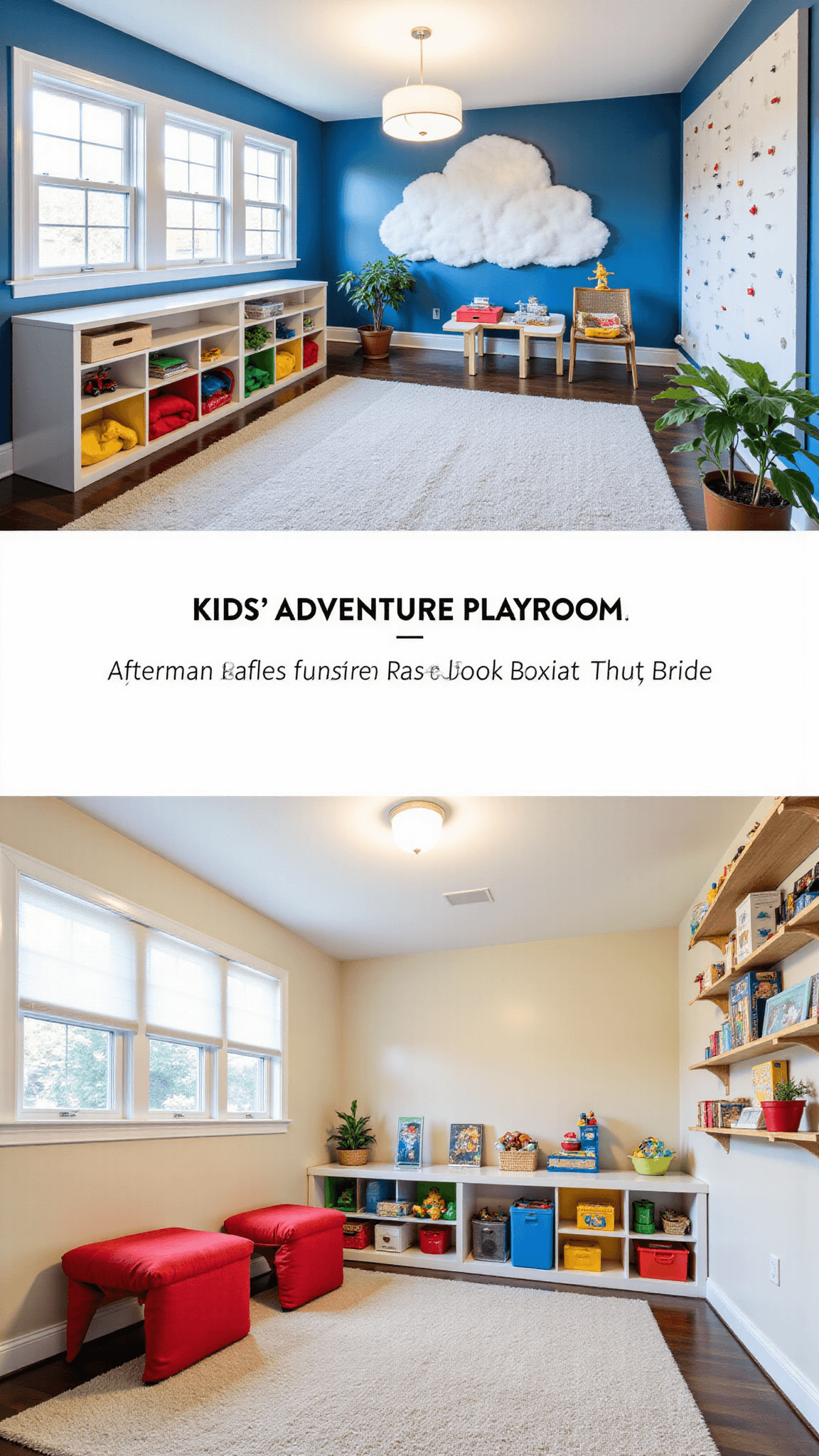Bright and spacious kids' adventure playroom filled with rainbow-colored storage cubbies, a blue wall with cloud murals, a climbing wall with safety flooring, a reading nook with bean bags under twinkling lights, and an organized toy rotation system on shelving.