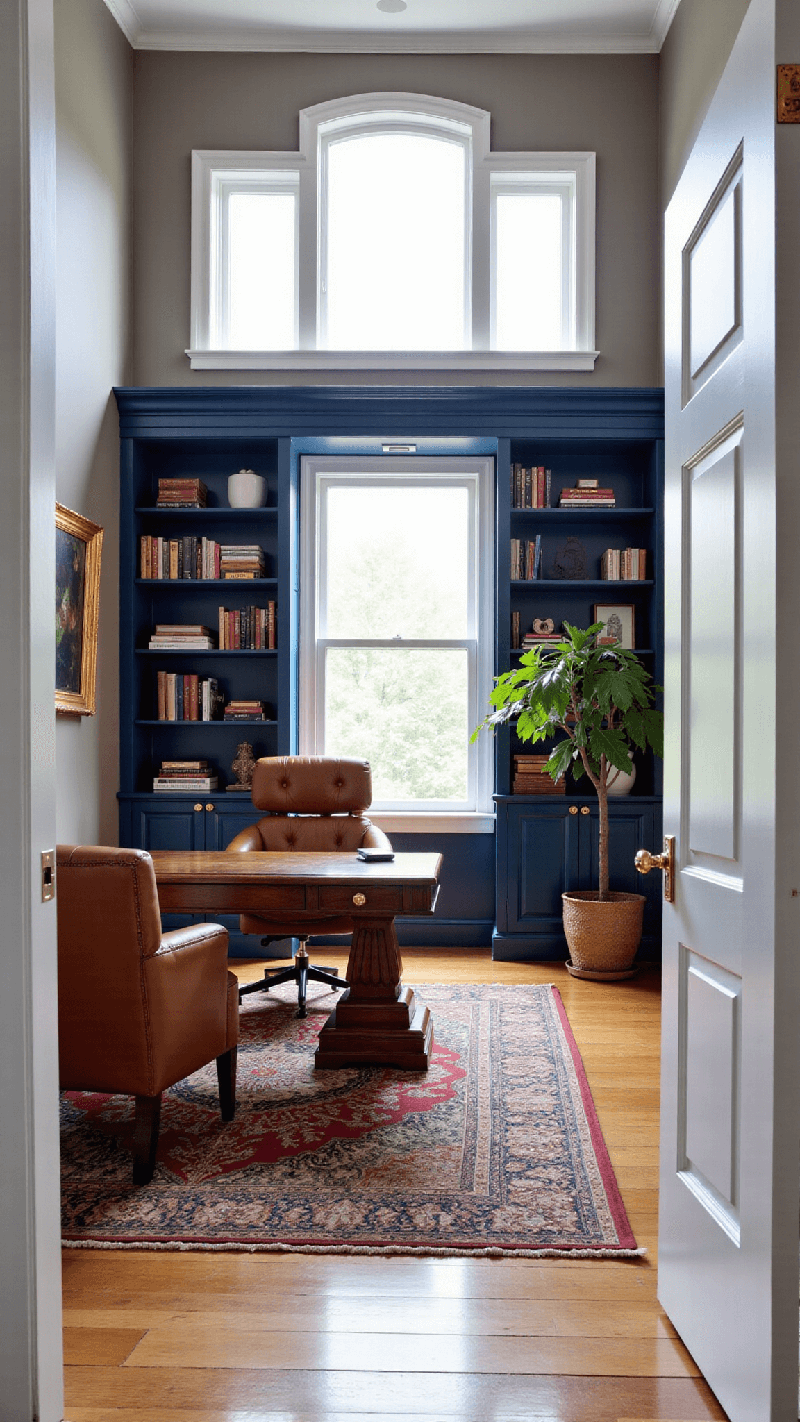 A sophisticated executive home office, bathed in northern light showcasing architectural windows in a spacious 14x16ft area, featuring a commanding walnut desk, a cognac leather ergonomic chair, navy blue built-in bookshelves with brass hardware, a vintage Persian runner leading to seating area with club chairs, hidden tech amenities for video conferencing, abstract gold-framed art, and a corner fiddle leaf fig plant.
