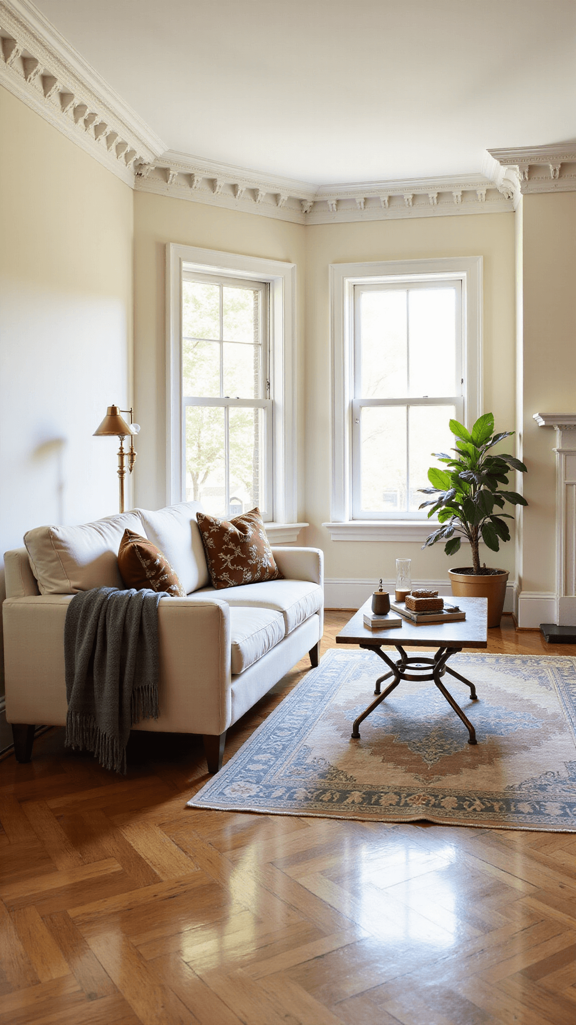 Sunlit living room featuring cream sofa, vintage Persian rug, brass floor lamp, marble-topped coffee table, textured decor, and a potted fiddle leaf fig against natural oak herringbone floors during golden hour