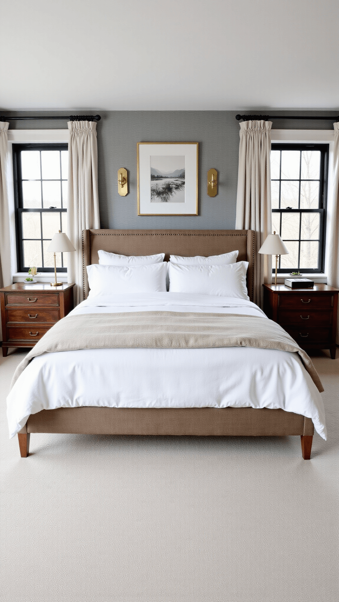 Master bedroom at dawn with king bed, antique nightstands, soft gray wallpaper, black steel windows, and dramatic morning light shadows across ivory wool carpet.