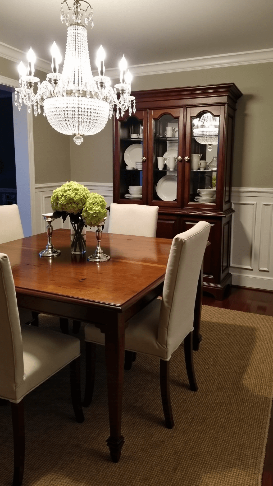 Vintage-style formal dining room at dusk featuring oak table, slipcovered chairs, crystal chandelier, china cabinet, silver candlesticks, and fresh hydrangeas with moody lighting