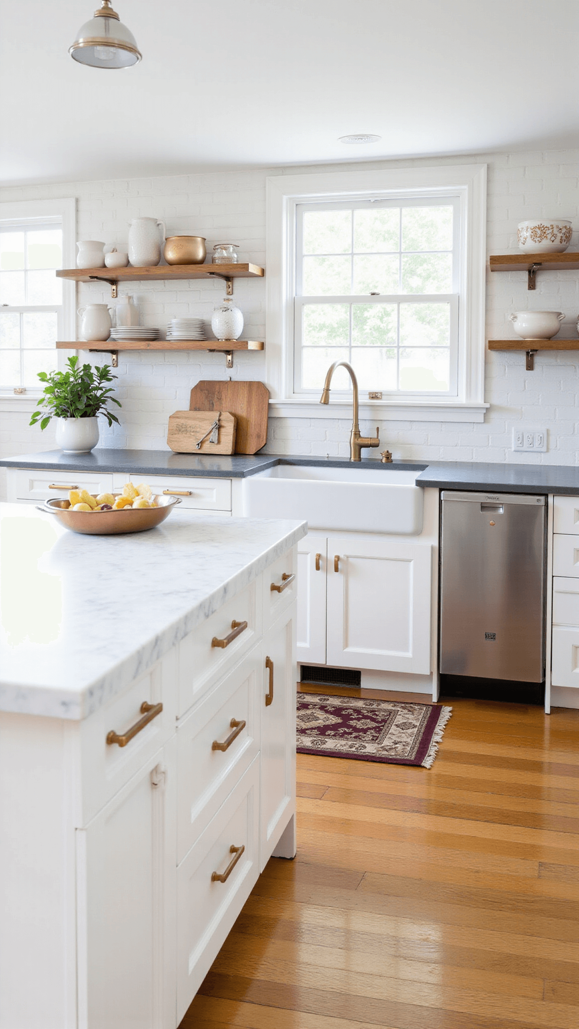 Aerial shot of a light-filled spacious kitchen with classic white cabinetry, honed marble island, subway tile backsplash, and natural light coming through steel-framed windows. The room features open shelves with beige and creamy white pottery, a vintage runner on white oak floors, and unlacquered brass hardware.