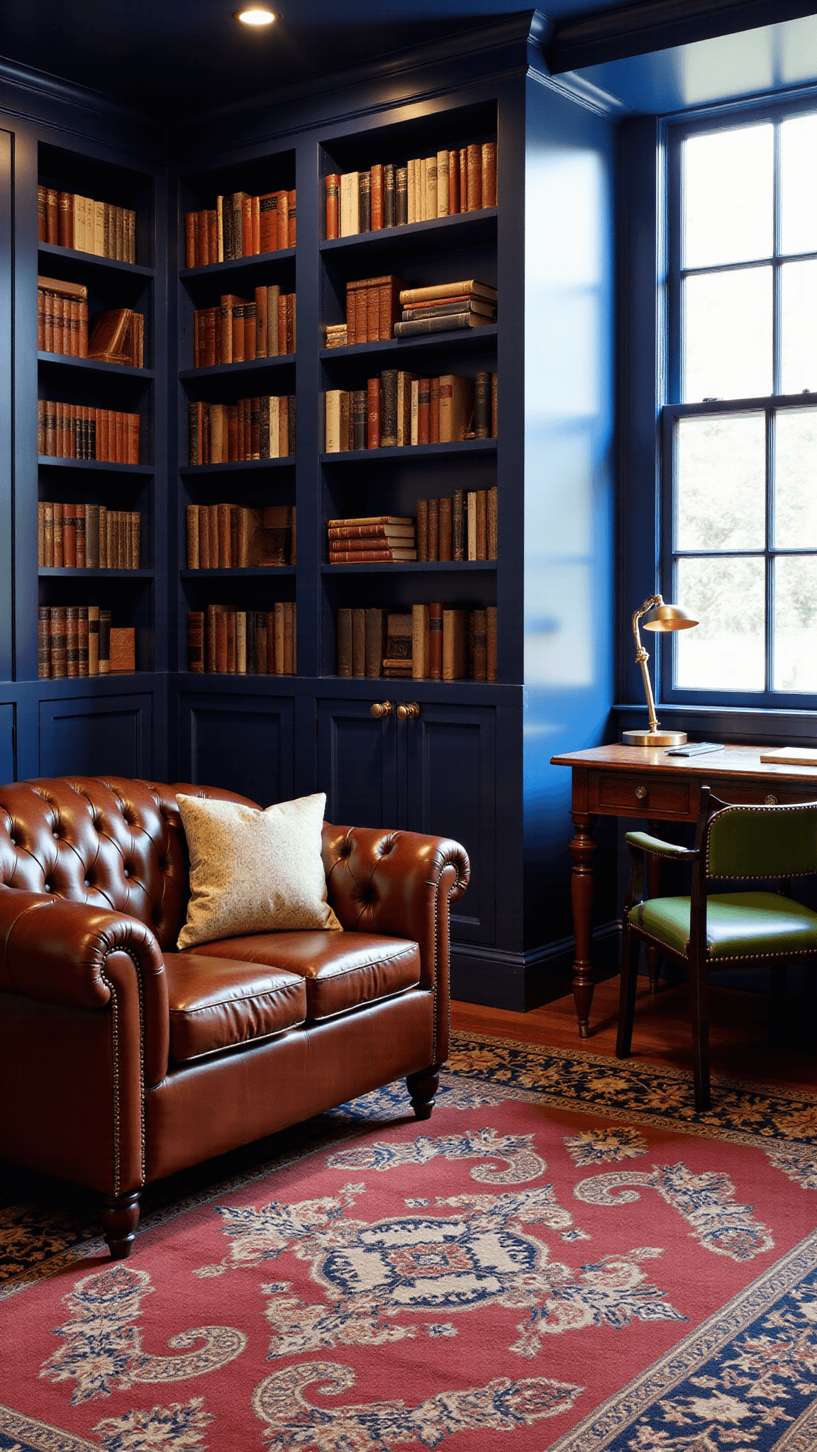 Traditional study room with navy built-in bookcases, leather sofa on antique rug, dark wood desk with green chair, and warm library lighting