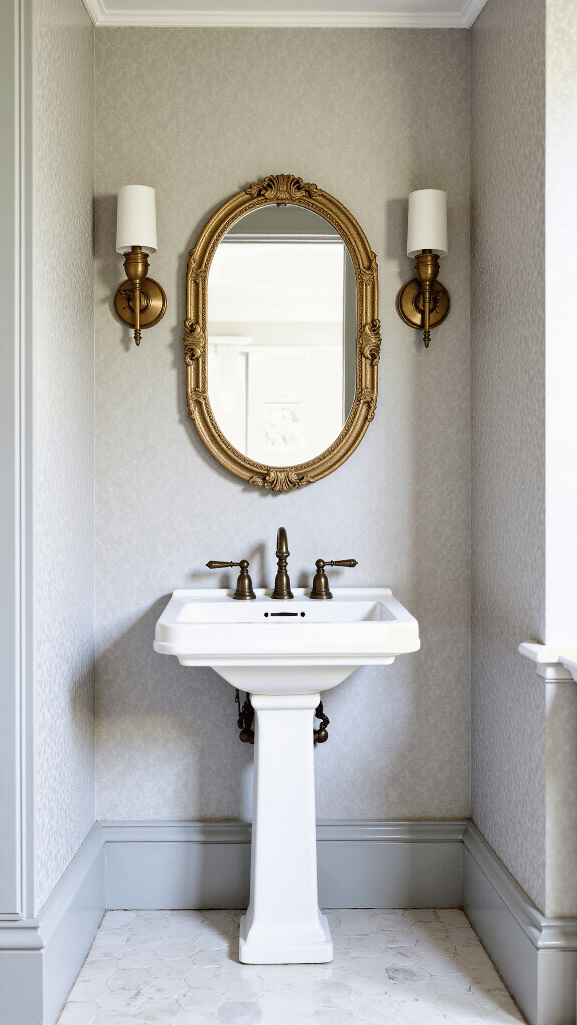 Classic white pedestal sink in a powder room with botanical print wallpaper, antique brass mirror and sconces, and marble hex tile floor