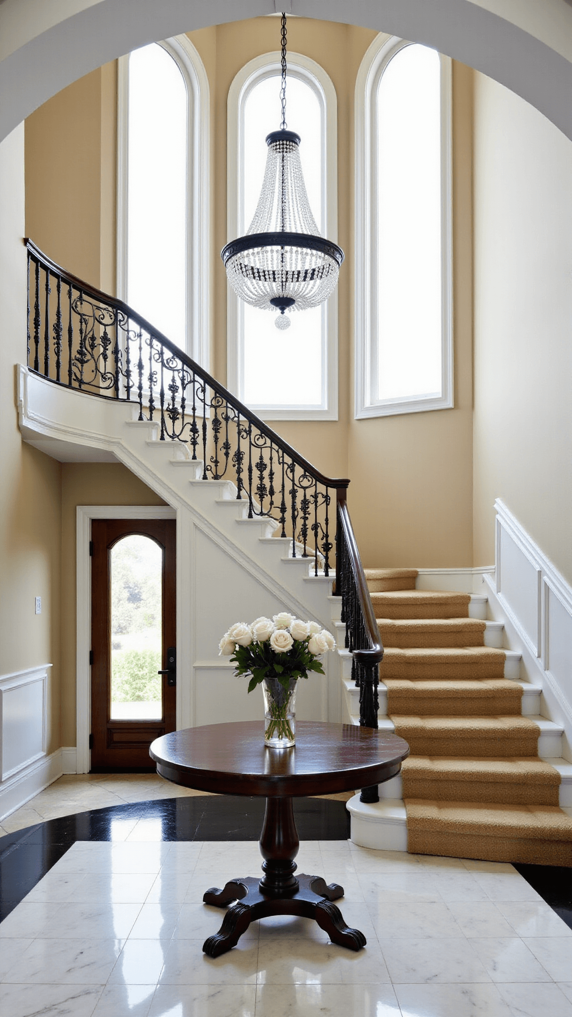 Morning light illuminating an entry foyer featuring a sweeping staircase with iron railings and sisal runner, an antique table with white roses under a crystal chandelier, textured grasscloth walls, transom windows, and a black and white marble floor.