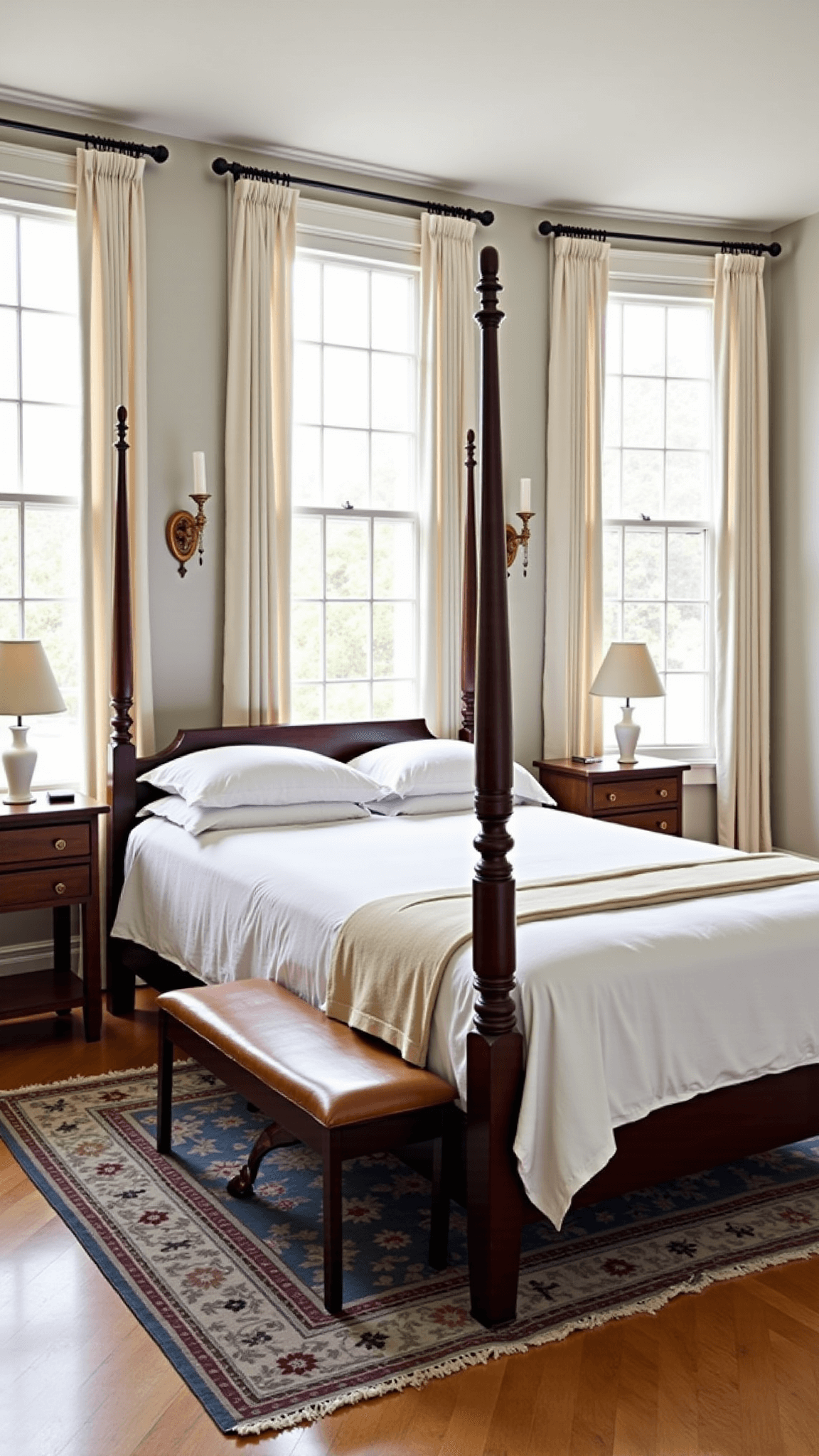 Master bedroom with morning light streaming through Georgian windows, mahogany bed with white linens and cream cashmere throws, brass sconces on greige walls, oak nightstands with milk glass lamps, Persian rug on oak flooring.
