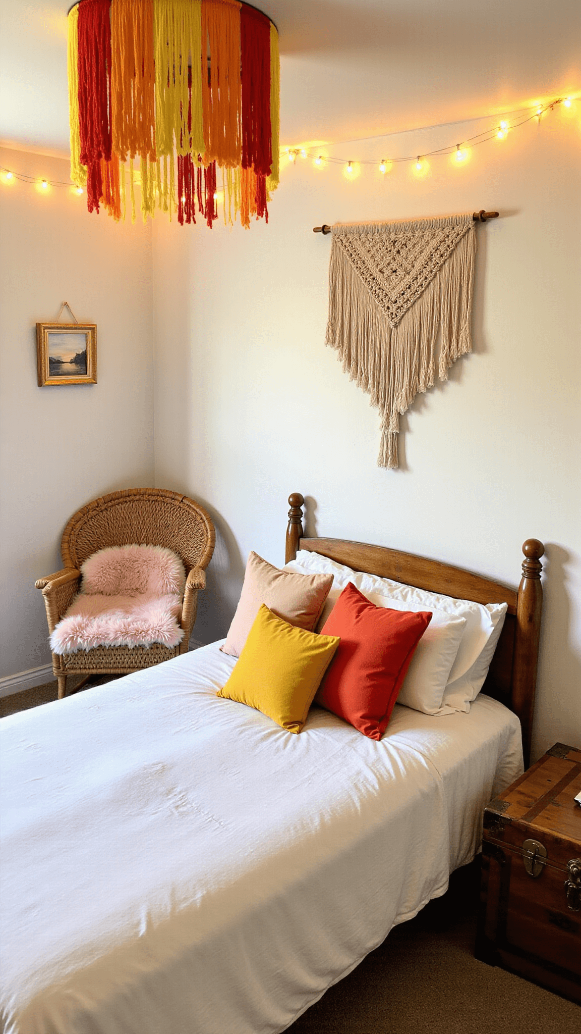Teen bedroom at golden hour with DIY rainbow ribbon canopy, white twin bed with sunset-hued pillows, string lights, rattan peacock chair with blush faux fur throw, and vintage trunk nightstand.