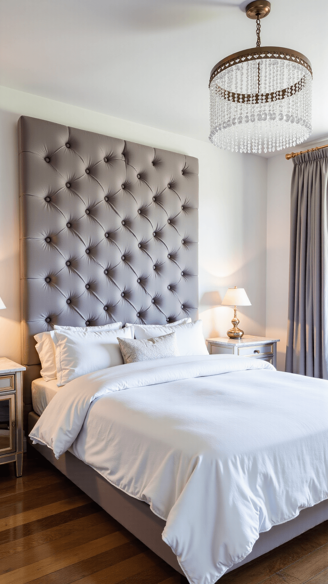 Elegant primary bedroom at dusk featuring a tall pearl grey velvet tufted headboard wall, prismatic light from a modern chandelier, antiqued mirror front nightstands with marble top, and silk drapery on oak floors.