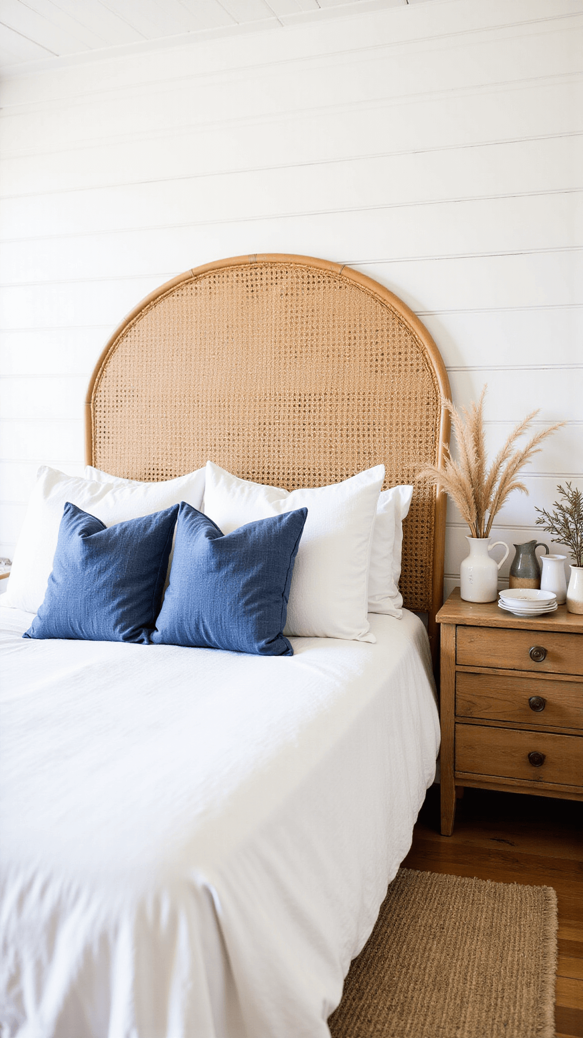 Cozy guest bedroom with rattan headboard, vintage indigo pillows, oak dresser with ceramics, and a layered jute rug in morning light.