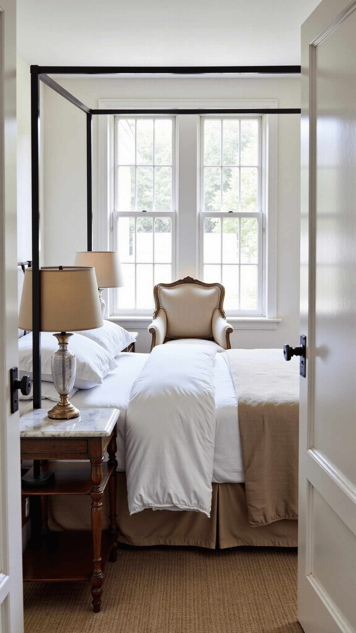 Victorian bedroom bathed in late afternoon light showcasing wrought iron canopy bed with layers of cotton and silk bedding, marble-topped bedside tables with glass lamps, and a linen armchair in a bay window alcove