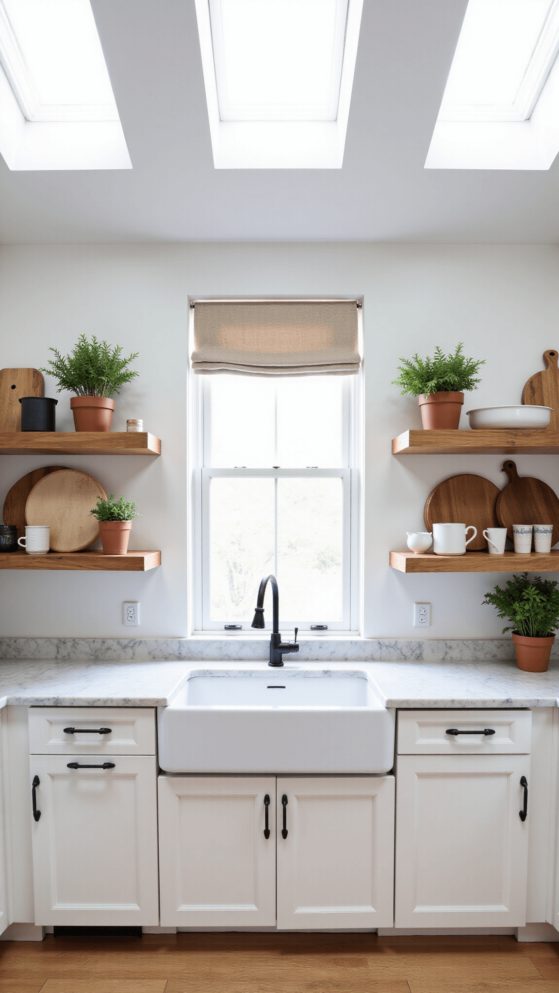 Bright, 16x20ft Scandinavian kitchen with whitewashed oak cabinets, honed marble counters, natural linen roman shade, and fresh herbs in terracotta pots under the morning sunlight from skylights.
